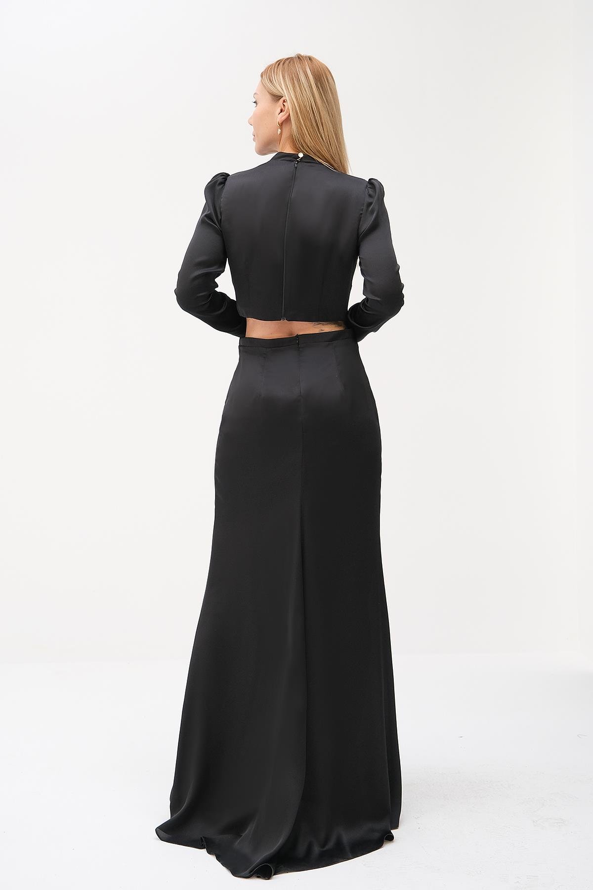 Saten Beli Broşlu Cut Out Abiye Maksi Elbise