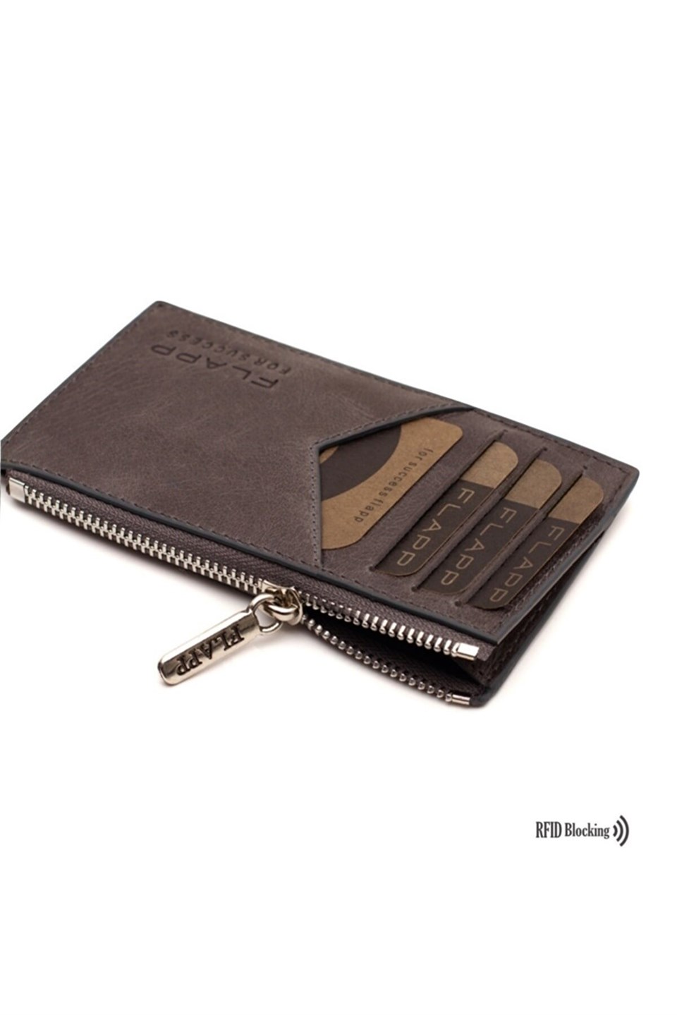 Flapp Deri Crazy Gri Rfıd Engelleyici Fermuarlı Bozukpara Gözlü Unisex Çanta Cüzdan