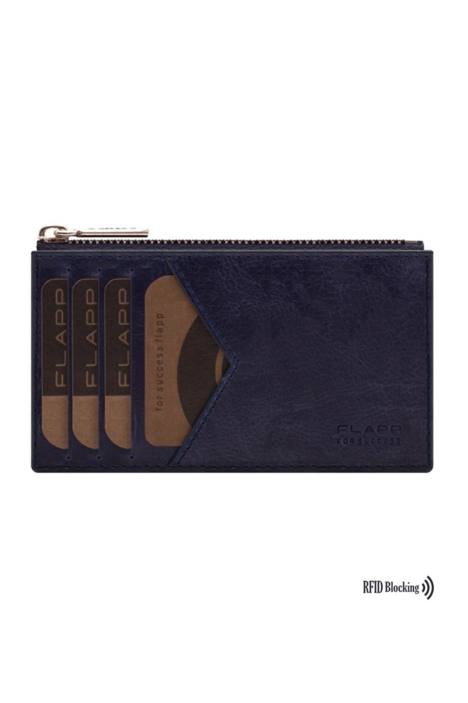 Flapp Deri Crazy Lacivert Rfıd Engelleyici Fermuarlı Bozukpara Gözlü Unisex Çanta Cüzdan