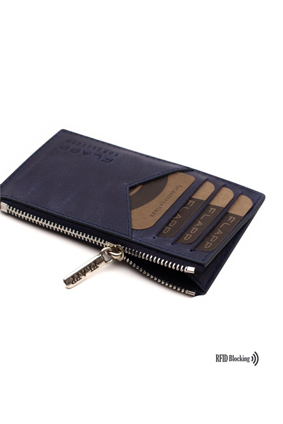 Flapp Deri Crazy Lacivert Rfıd Engelleyici Fermuarlı Bozukpara Gözlü Unisex Çanta Cüzdan