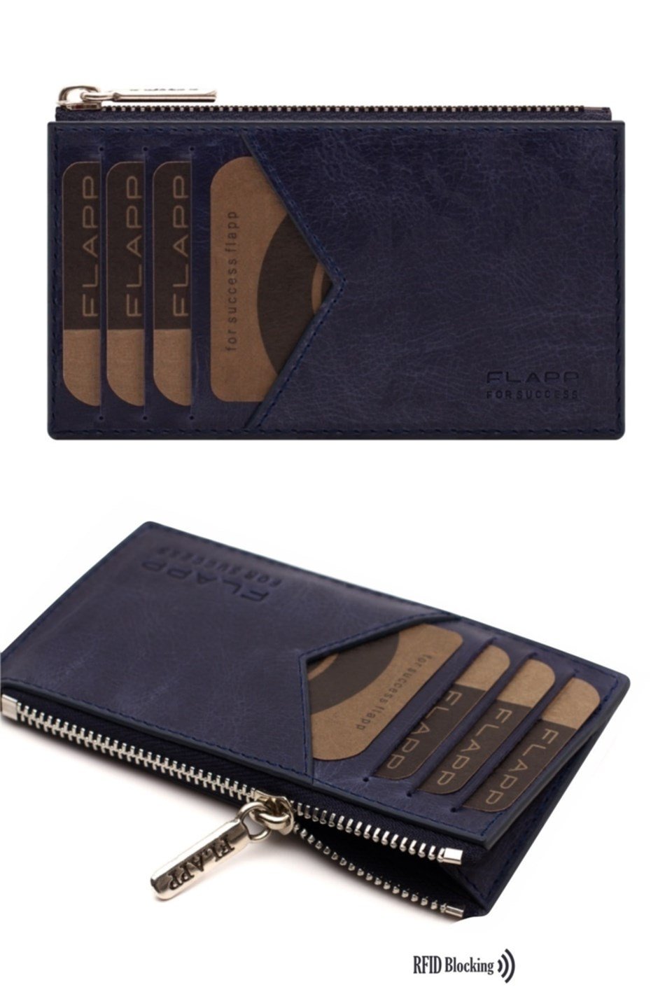 Flapp Deri Crazy Lacivert Rfıd Engelleyici Fermuarlı Bozukpara Gözlü Unisex Çanta Cüzdan