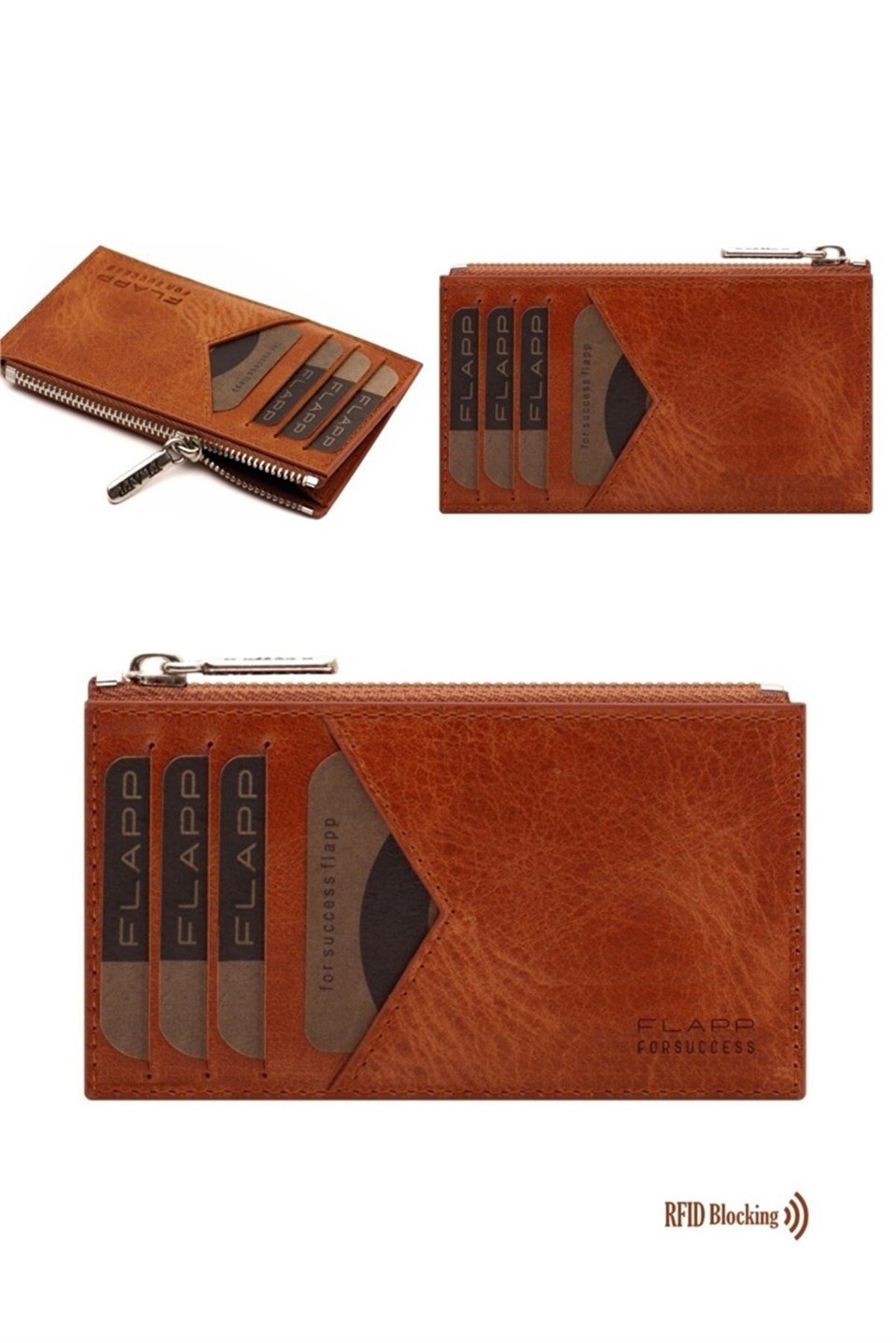 Flapp Deri Crazy Taba Rfıd Engelleyici Fermuarlı Bozukpara Gözlü Unisex Çanta Cüzdan