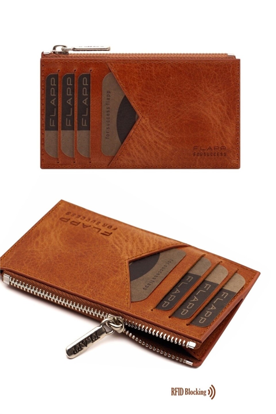 Flapp Deri Crazy Taba Rfıd Engelleyici Fermuarlı Bozukpara Gözlü Unisex Çanta Cüzdan