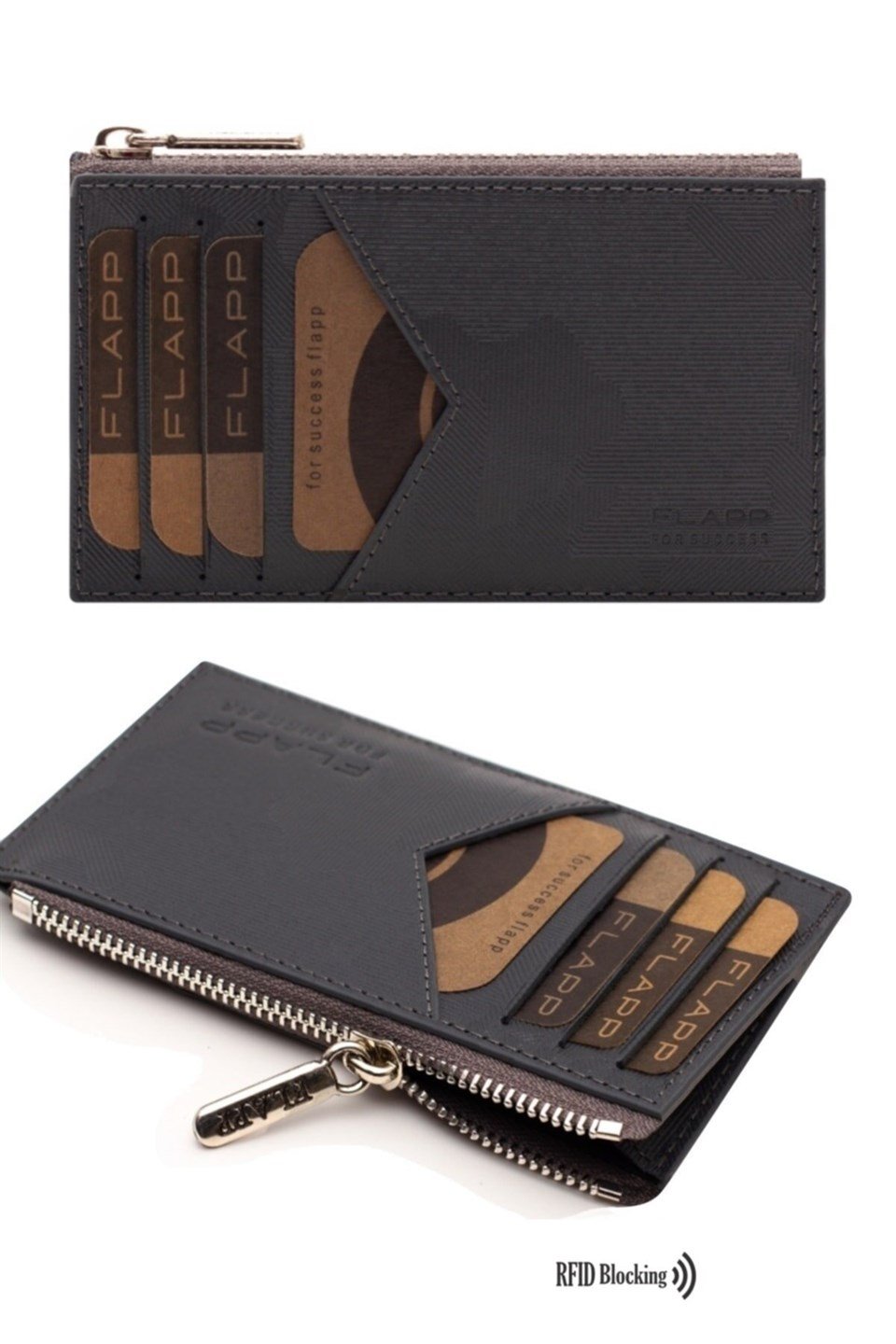 Flapp Deri Desenli Gri Rfıd Engelleyici Fermuarlı Bozukpara Gözlü Unisex Çanta Cüzdan