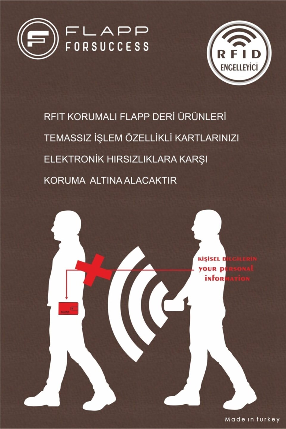 Flapp Deri Desenli Kahverengi Rfıd Korumalı Engelleyici Fermuarlı Kadın Çanta Cüzdan