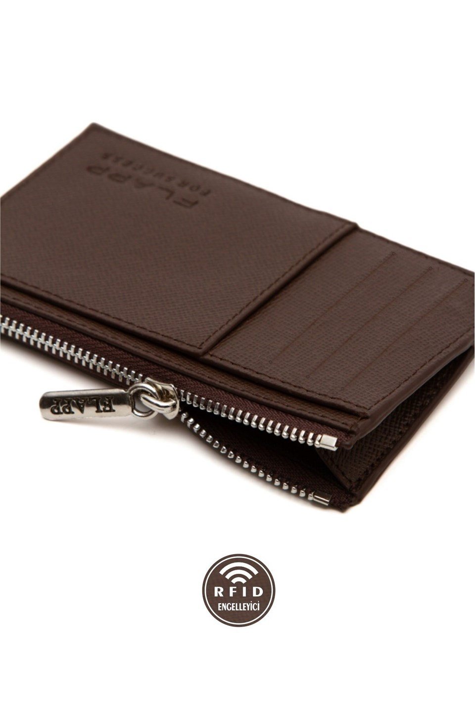 Flapp Deri Desenli Kahverengi Rfıd Korumalı Engelleyici Fermuarlı Kadın Çanta Cüzdan