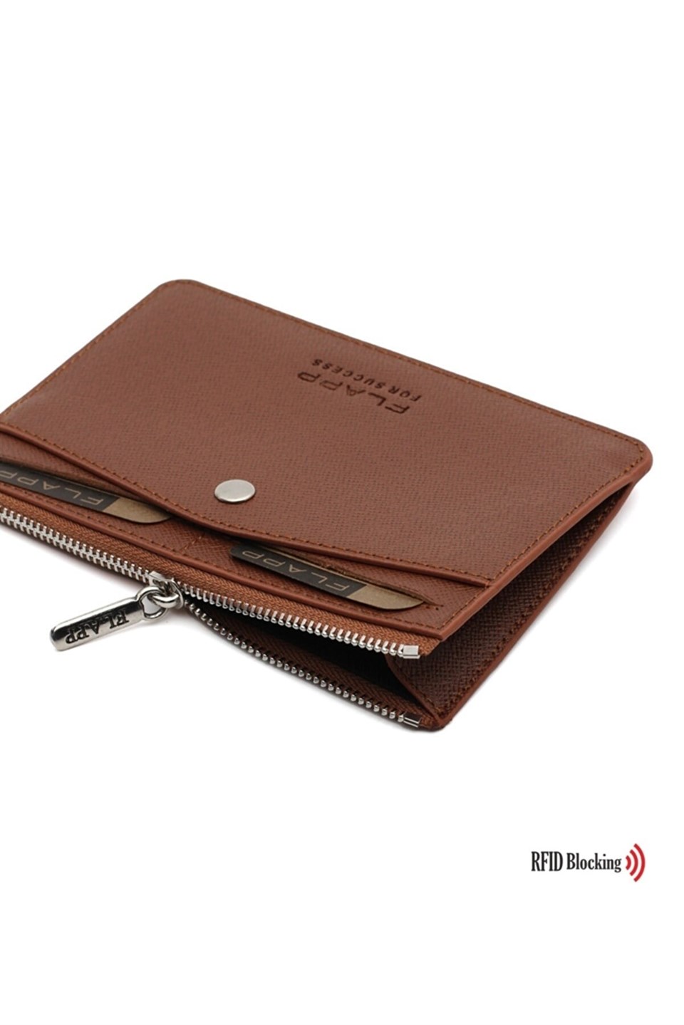 Flapp Deri Desenli Kahverengi Rfıd Korumalı Engelleyici Fermuarlı Bozukpara Gözlü Çanta Cüzdan