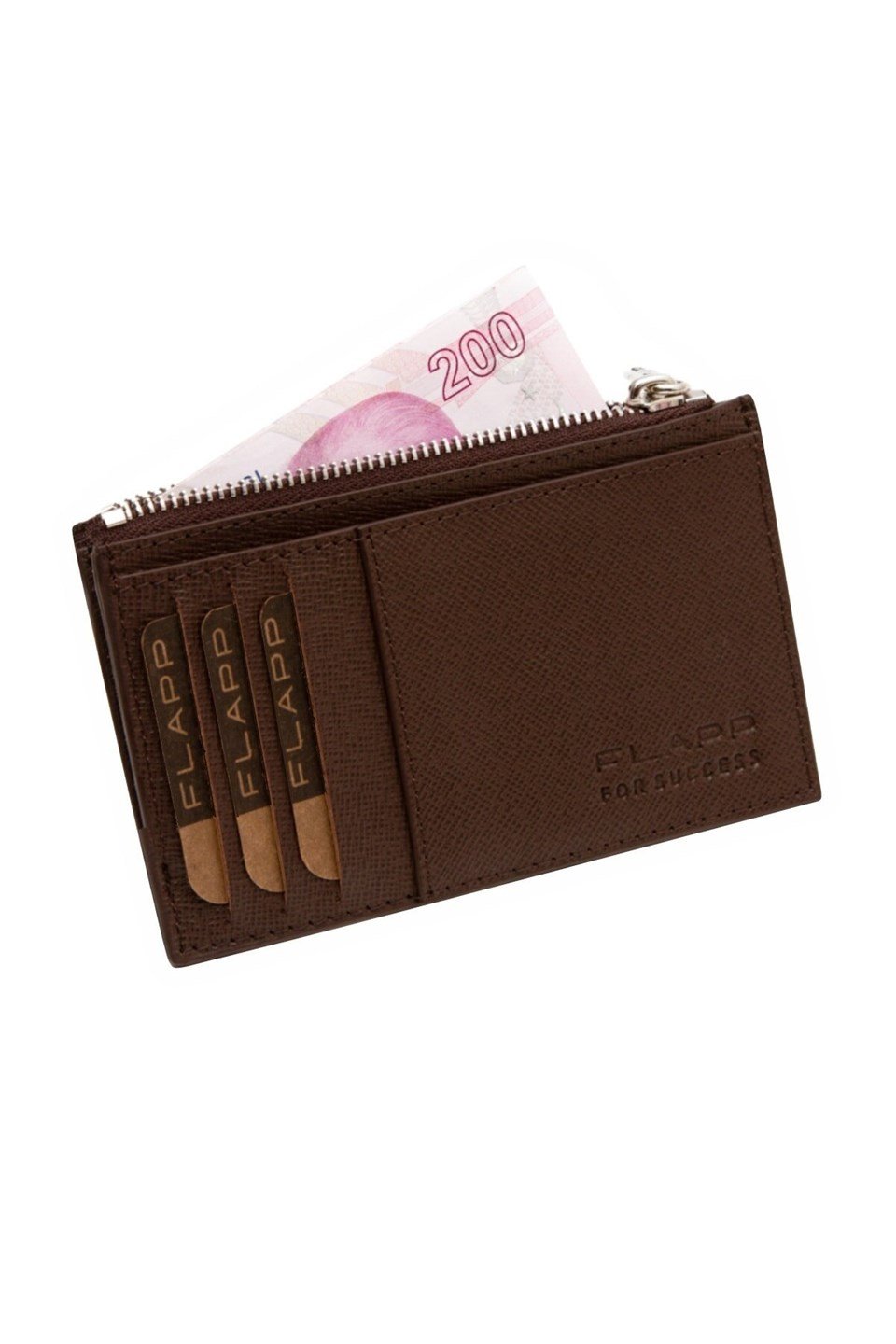 Flapp Deri Desenli Kahverengi Rfıd Korumalı Engelleyici Fermuarlı Kadın Çanta Cüzdan