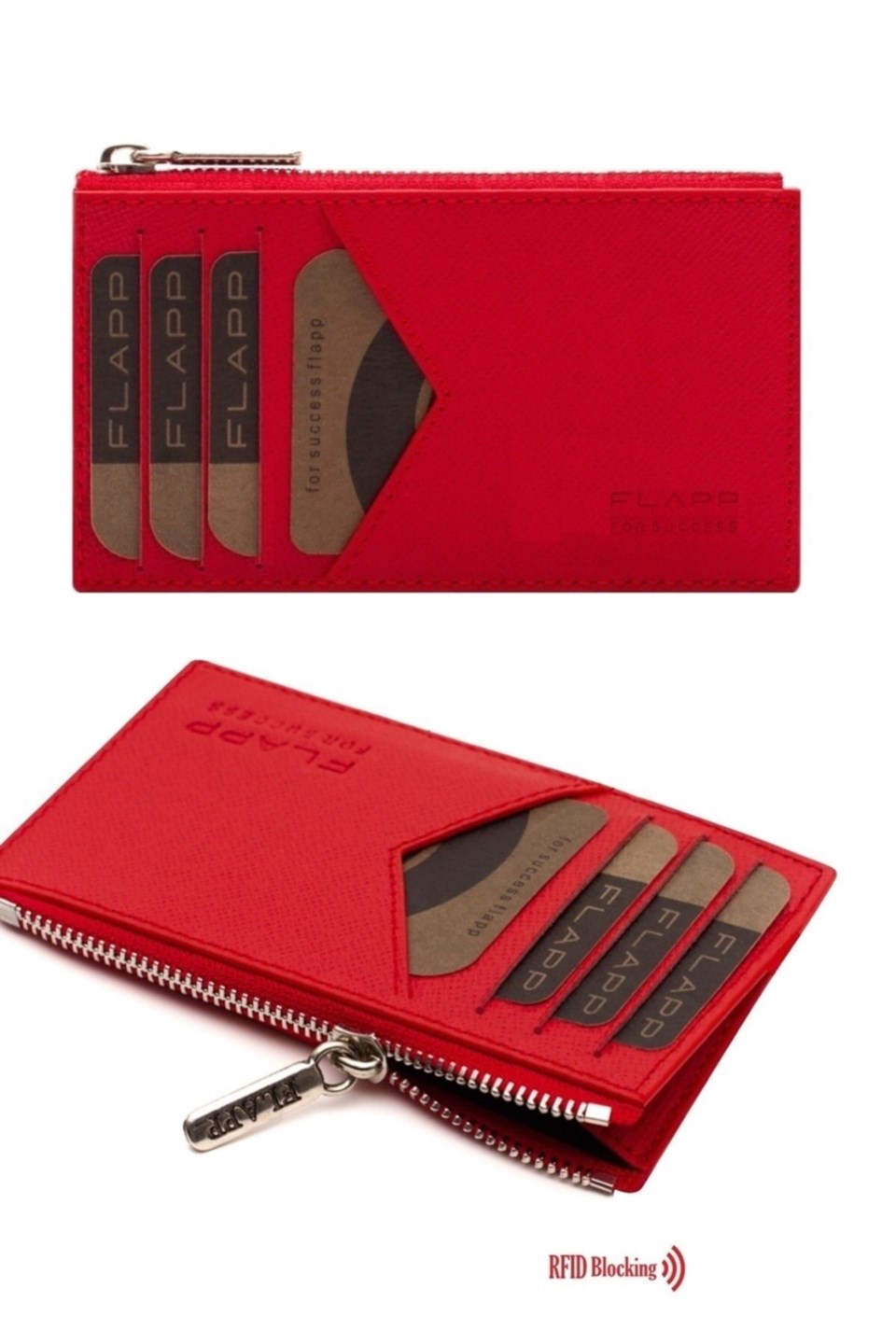 Flapp Deri Desenli Kırmızı Rfıd Engelleyici Fermuarlı Bozukpara Gözlü Unisex Çanta Cüzdan