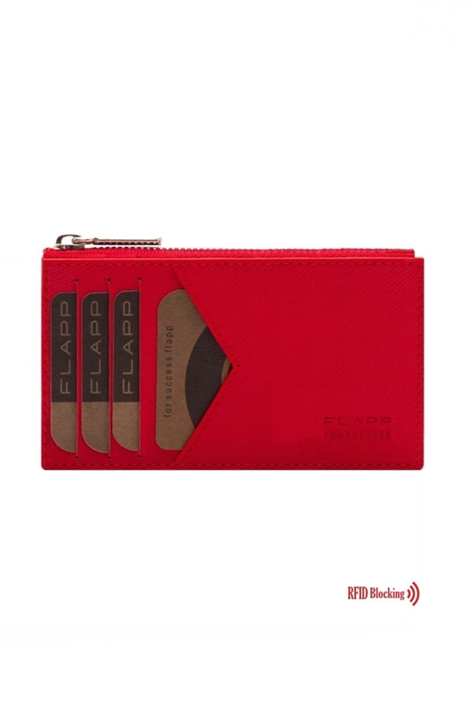 Flapp Deri Desenli Kırmızı Rfıd Engelleyici Fermuarlı Bozukpara Gözlü Unisex Çanta Cüzdan