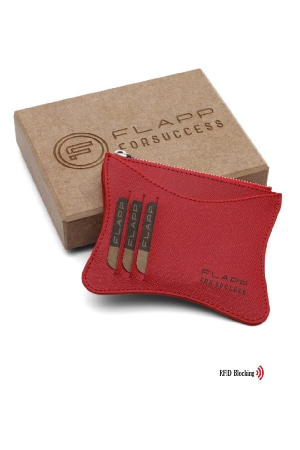 Flapp Deri Desenli Kırmızı Rfıd Korumalı Engelleyici Fermuarlı Bozukpara Gözlü Kadın Çanta Cüzdan