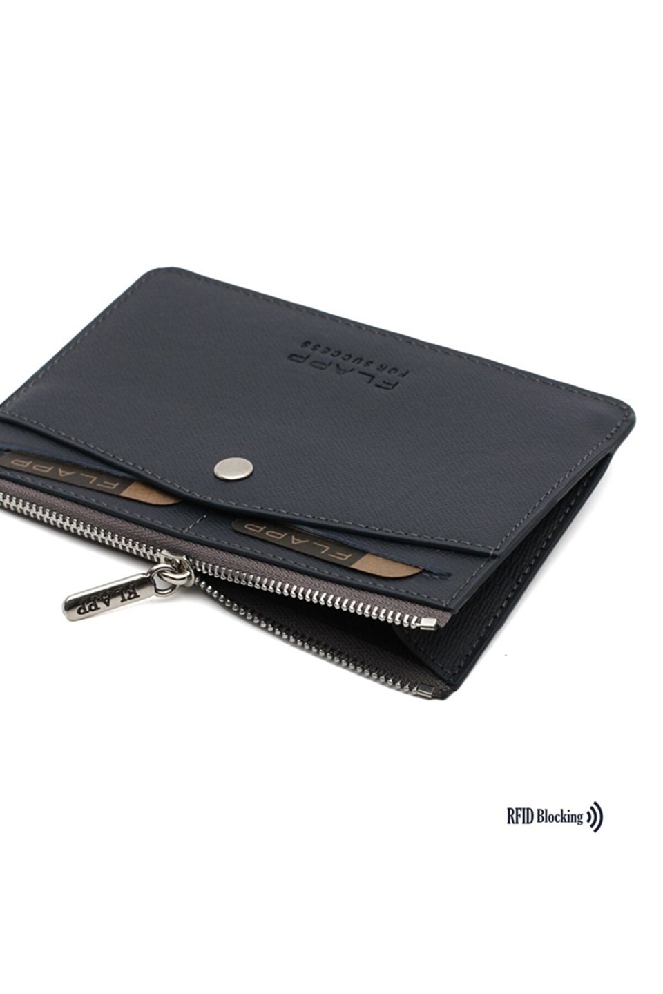 Flapp Deri Desenli Lacivert Rfıd Korumalı Engelleyici Fermuarlı Bozukpara Gözlü Çanta Cüzdan