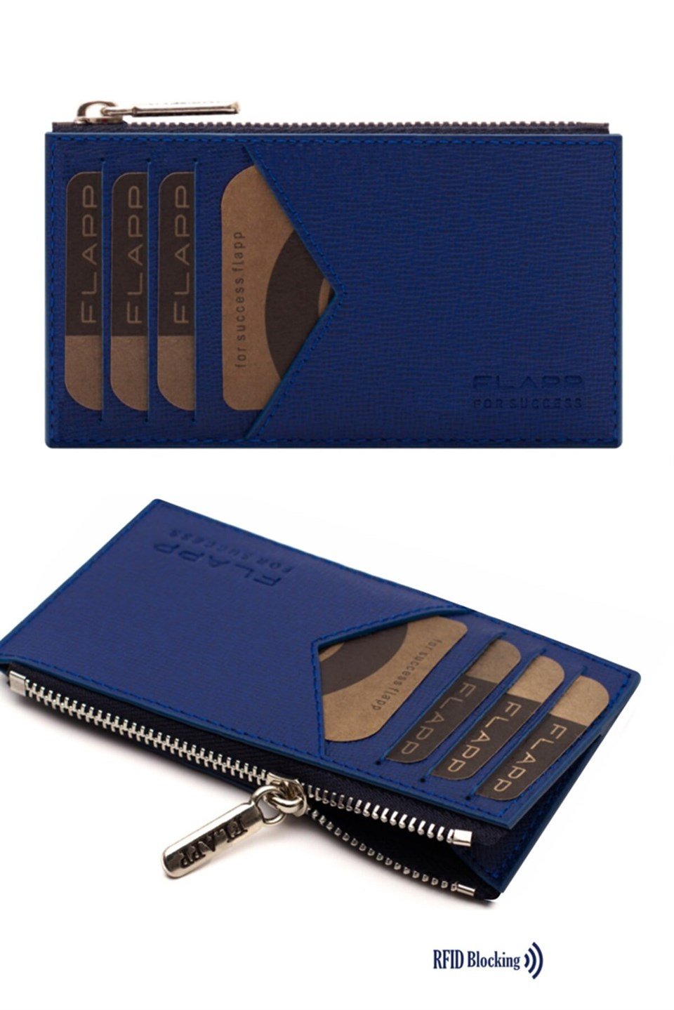 Flapp Deri Desenli Mavi Rfıd Engelleyici Fermuarlı Bozukpara Gözlü Unisex Çanta Cüzdan