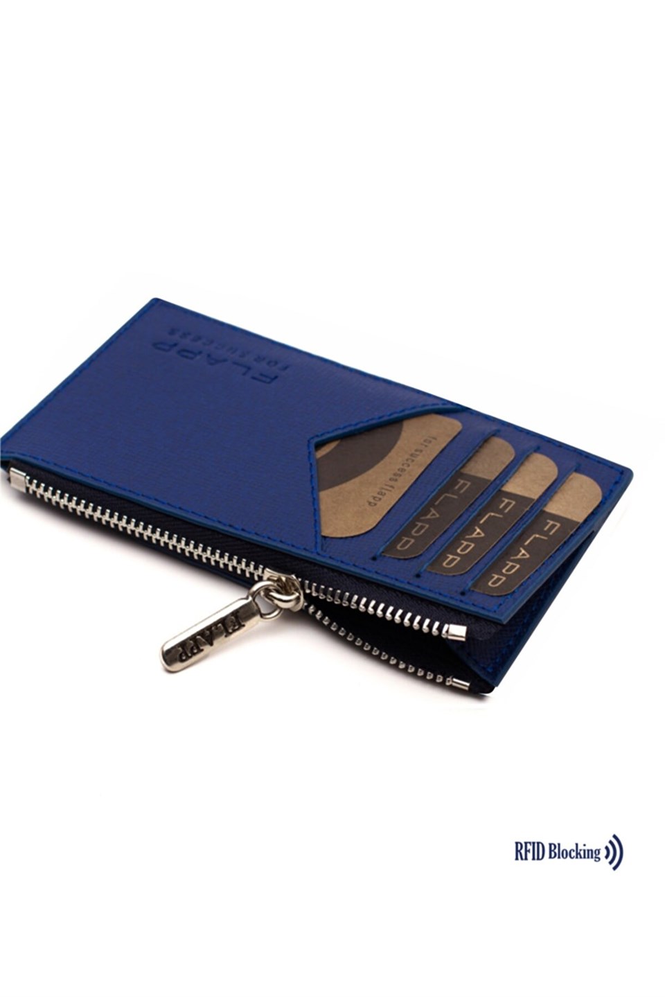 Flapp Deri Desenli Mavi Rfıd Engelleyici Fermuarlı Bozukpara Gözlü Unisex Çanta Cüzdan