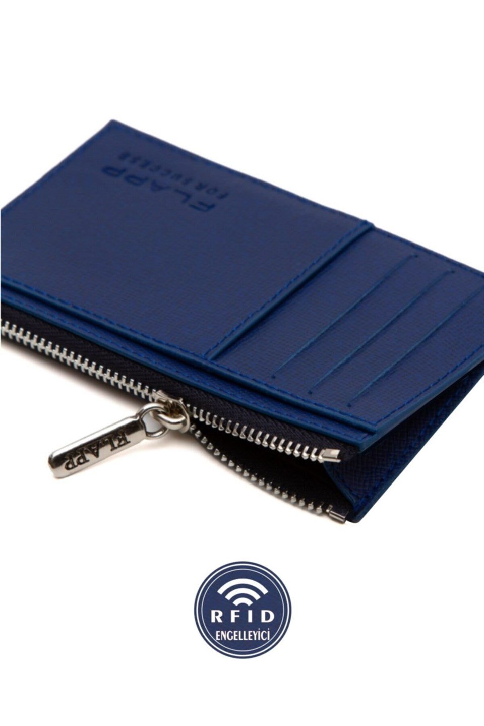 Flapp Deri Desenli Mavi Rfıd Korumalı Engelleyici Fermuarlı Bozukpara Gözlü Kadın Çanta Cüzdan