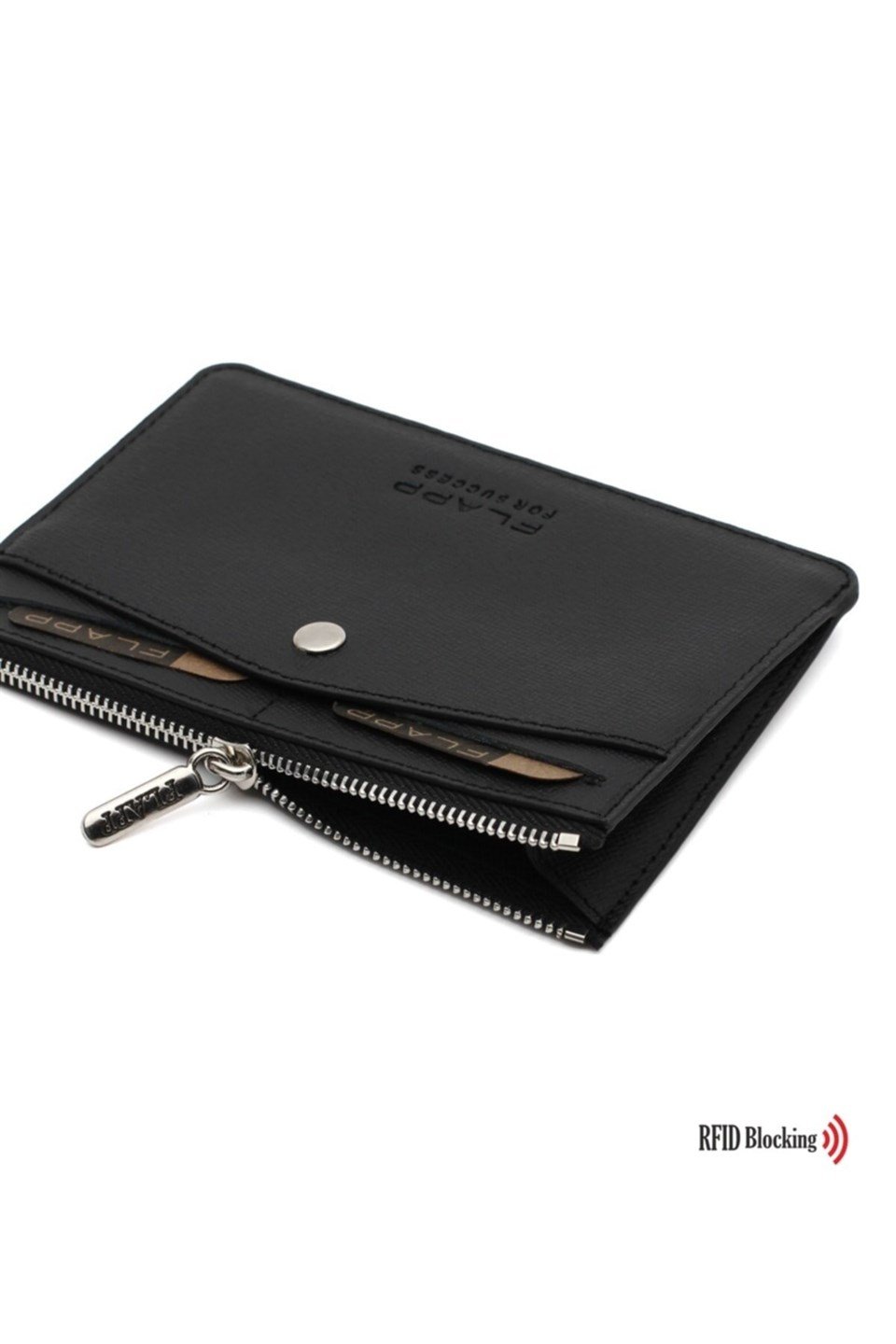 Flapp Deri Desenli Siyah Rfıd Korumalı Engelleyici Fermuarlı Bozukpara Gözlü Çanta Cüzdan