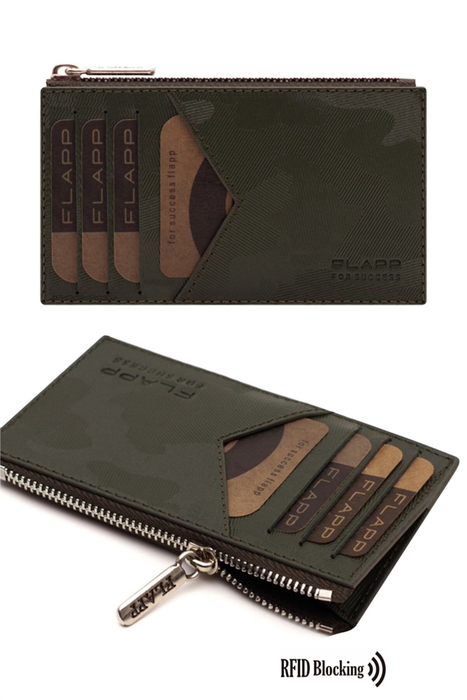 Flapp Deri Desenli Yeşil Rfıd Engelleyici Fermuarlı Bozukpara Gözlü Unisex Çanta Cüzdan