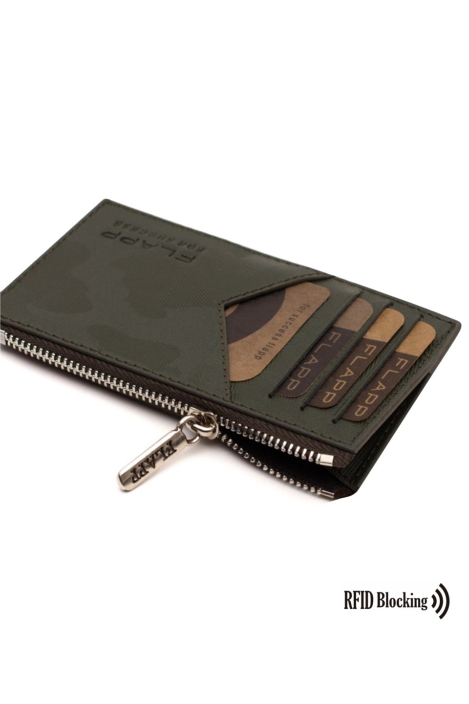 Flapp Deri Desenli Yeşil Rfıd Engelleyici Fermuarlı Bozukpara Gözlü Unisex Çanta Cüzdan