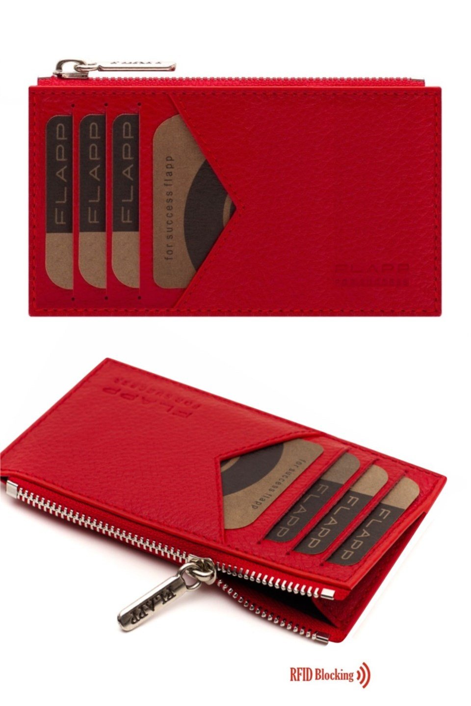 Flapp Deri Flotur Kırmızı Rfıd Engelleyici Fermuarlı Bozukpara Gözlü Unisex Çanta Cüzdan