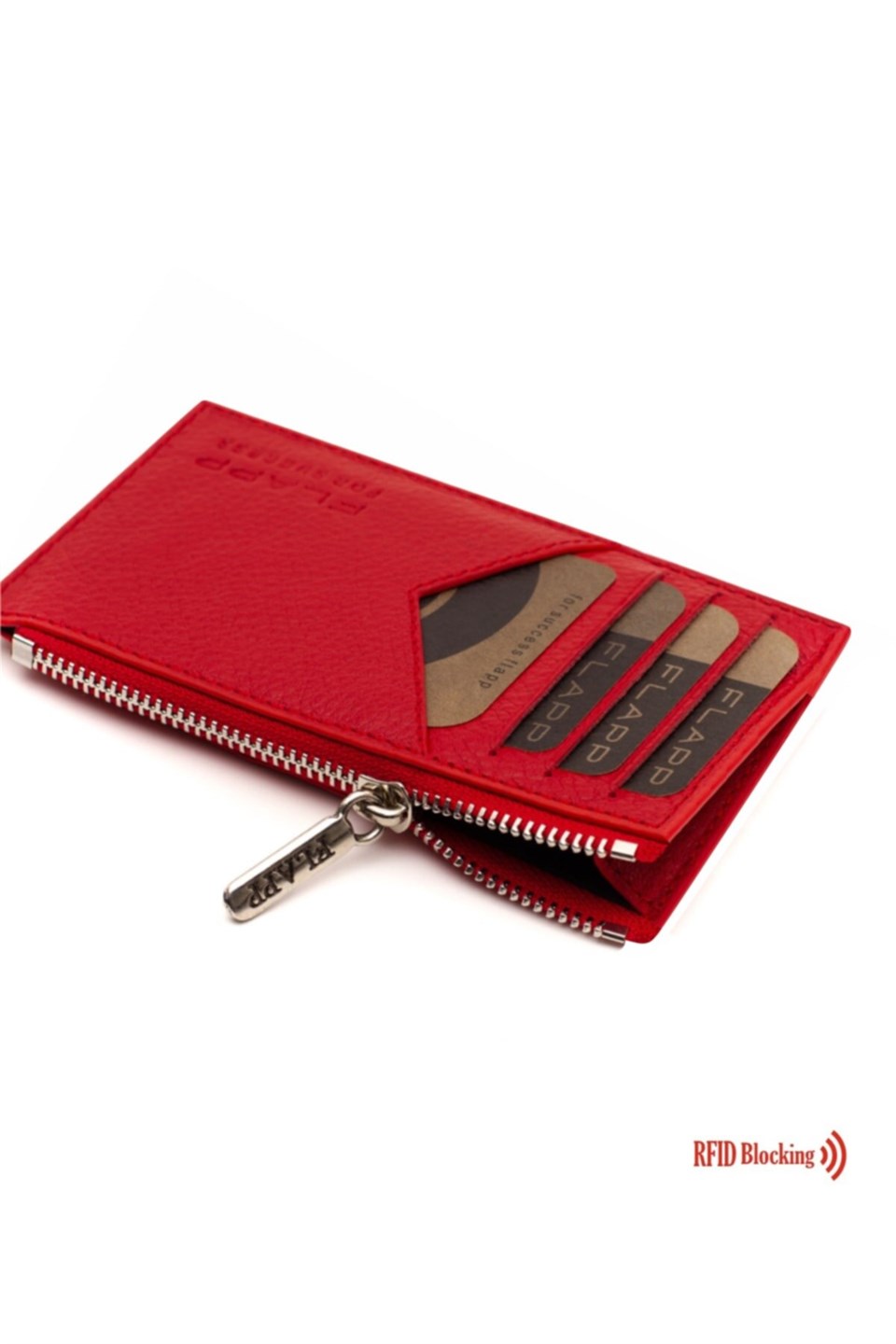 Flapp Deri Flotur Kırmızı Rfıd Engelleyici Fermuarlı Bozukpara Gözlü Unisex Çanta Cüzdan
