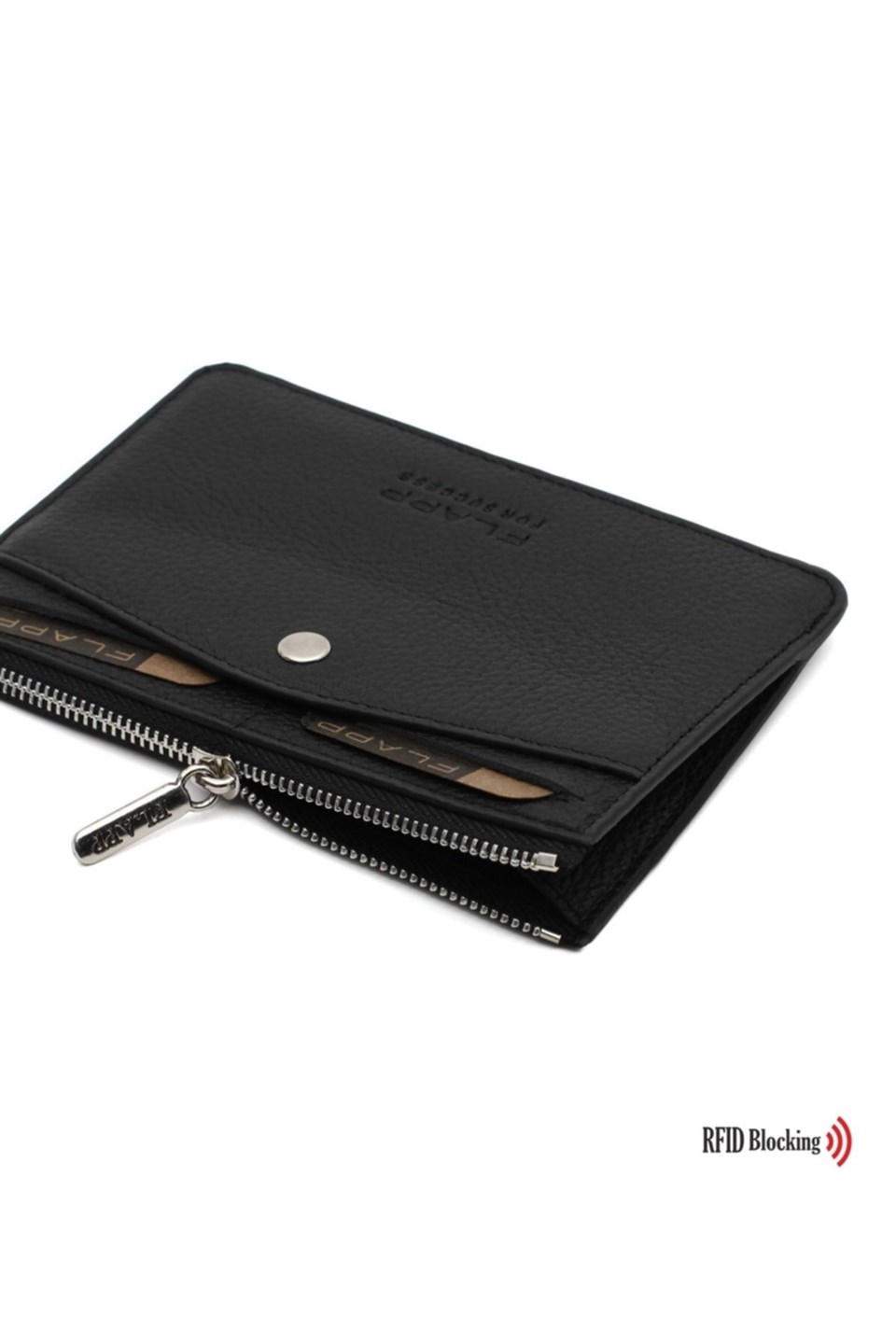 Flapp Deri Flotur Siyah Rfıd Korumalı Engelleyici Fermuarlı Bozukpara Gözlü Çanta Cüzdan