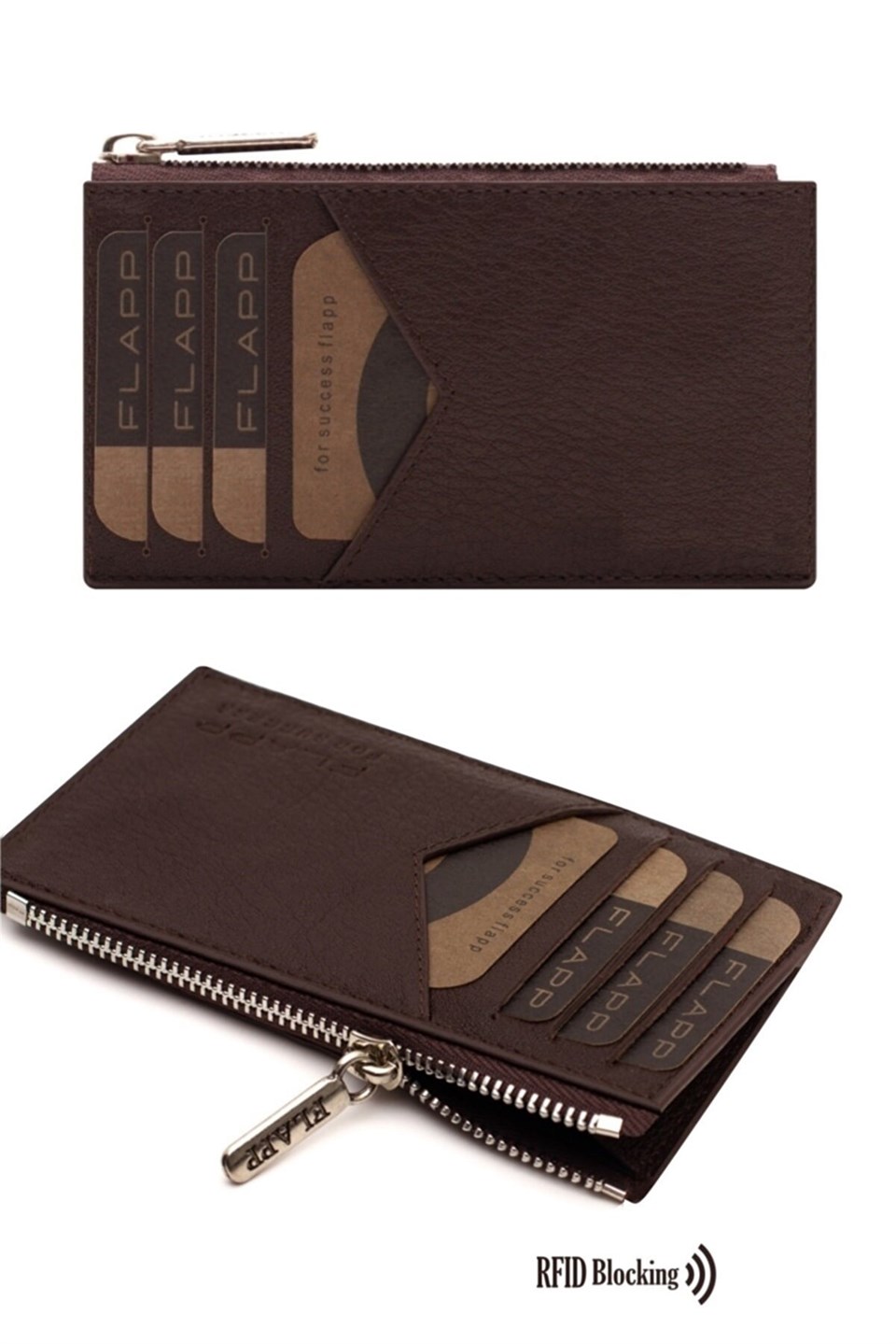 Flapp Deri Kahverengi Rfıd Engelleyici Fermuarlı Bozukpara Gözlü Unisex Çanta Cüzdan