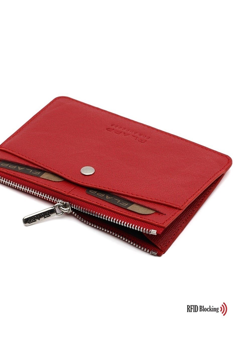 Flapp Deri Kırmızı Desenli Rfıd Korumalı Engelleyici Fermuarlı Bozukpara Gözlü Çanta Cüzdan