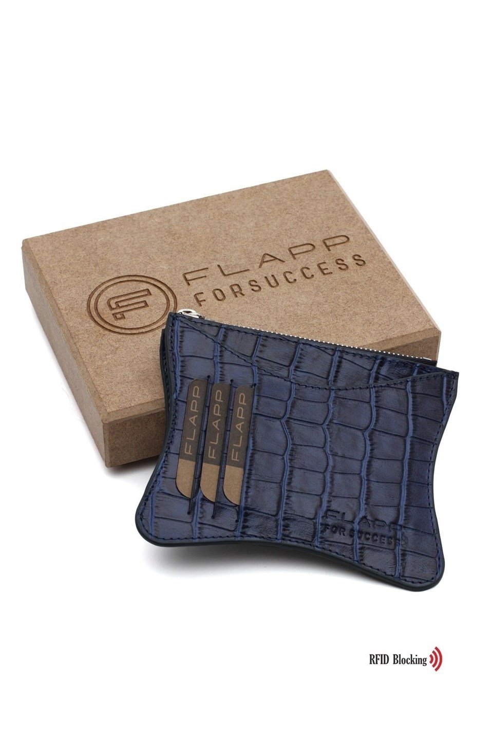 Flapp Deri Krokodil Lacivert Rfıd Korumalı Engelleyici Fermuarlı Bozukpara Gözlü Kadın Çanta Cüzdan