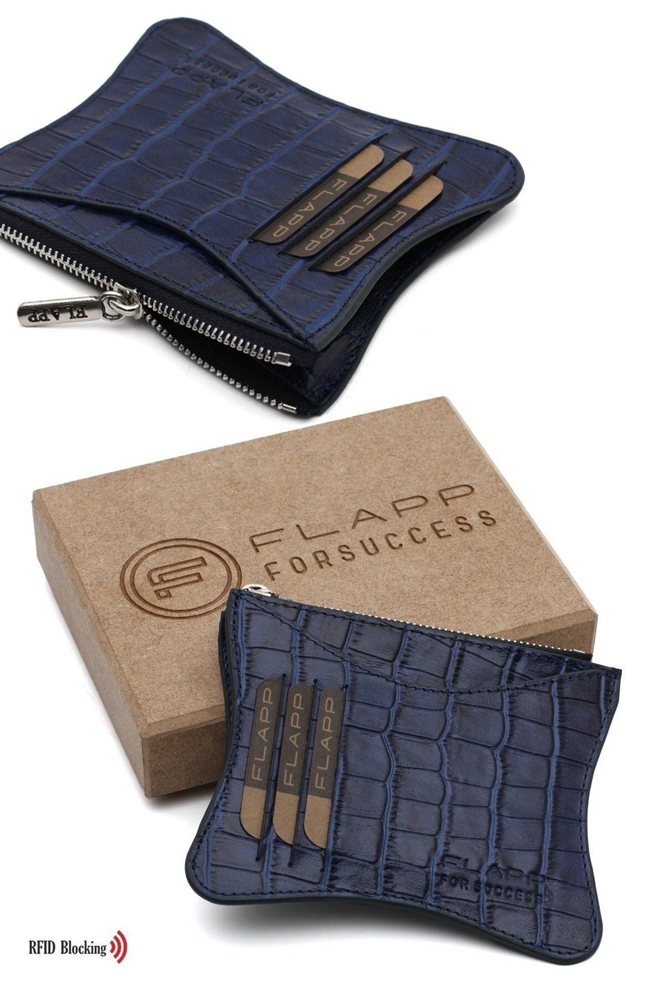 Flapp Deri Krokodil Lacivert Rfıd Korumalı Engelleyici Fermuarlı Bozukpara Gözlü Kadın Çanta Cüzdan