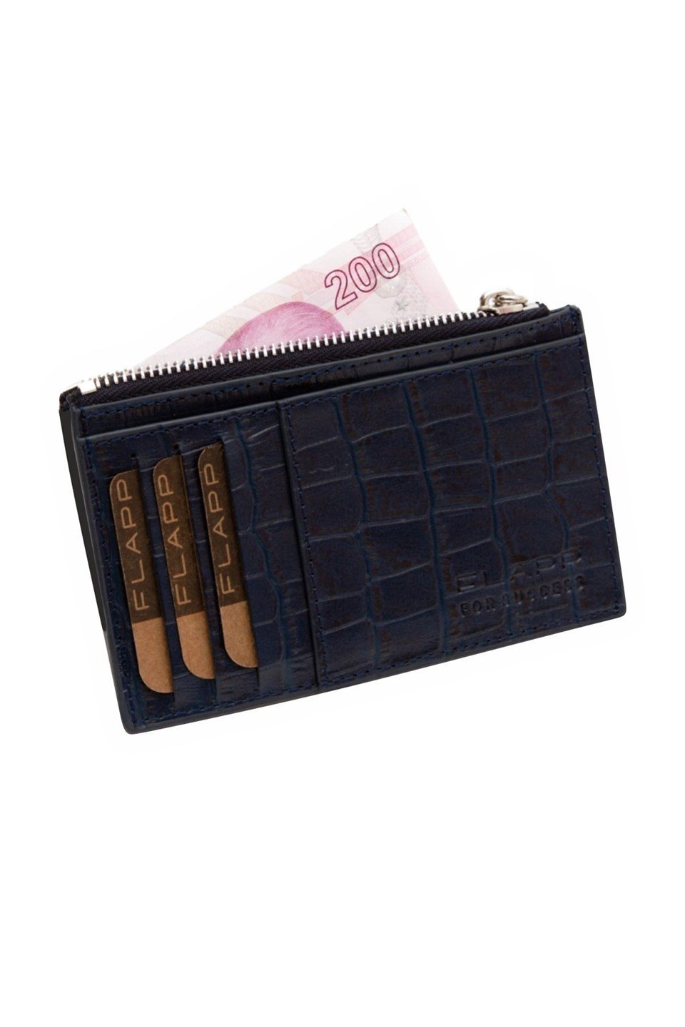 Flapp Deri Lacivert Krokodil Rfıd Korumalı Engelleyici Fermuarlı Kadın Çanta Cüzdan