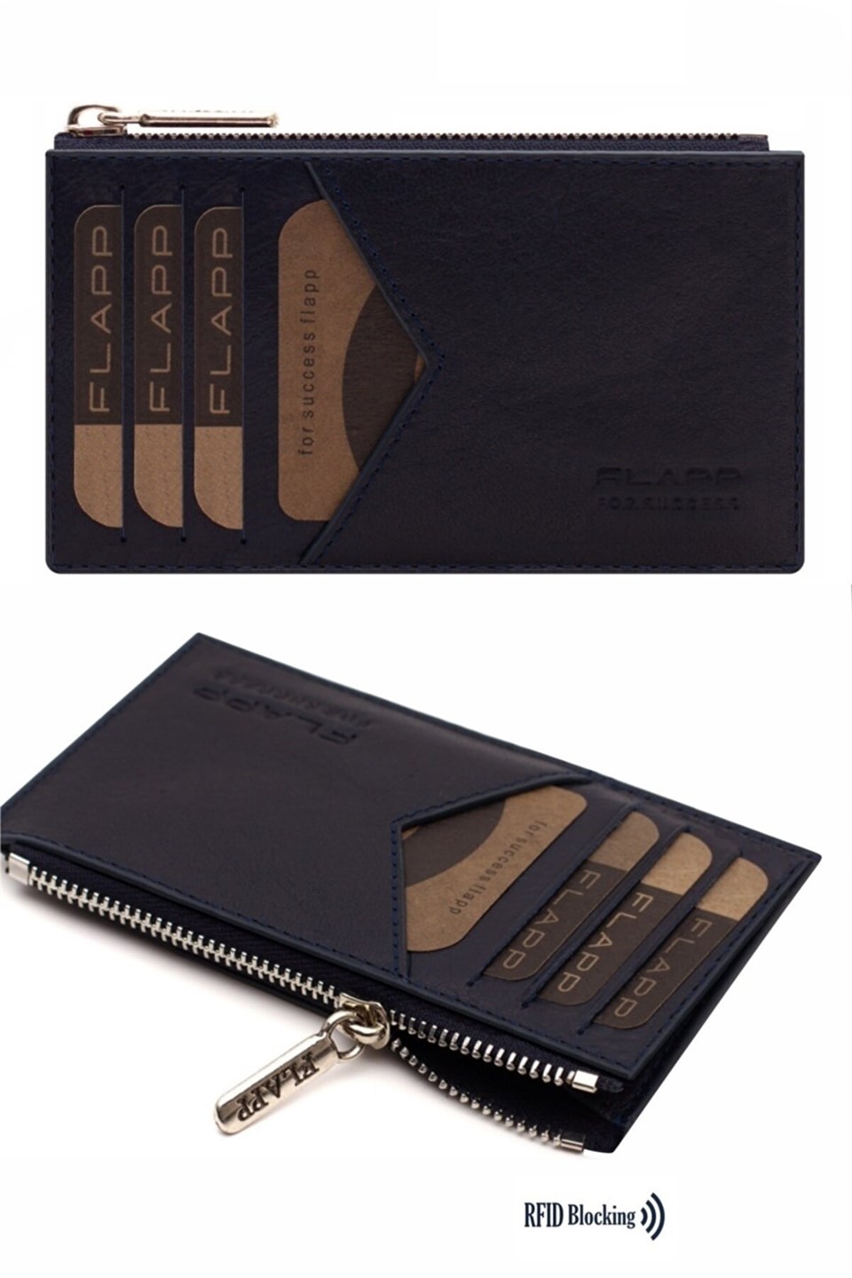 Flapp Deri Lacivert Rfıd Engelleyici Fermuarlı Bozukpara Gözlü Unisex Çanta Cüzdan