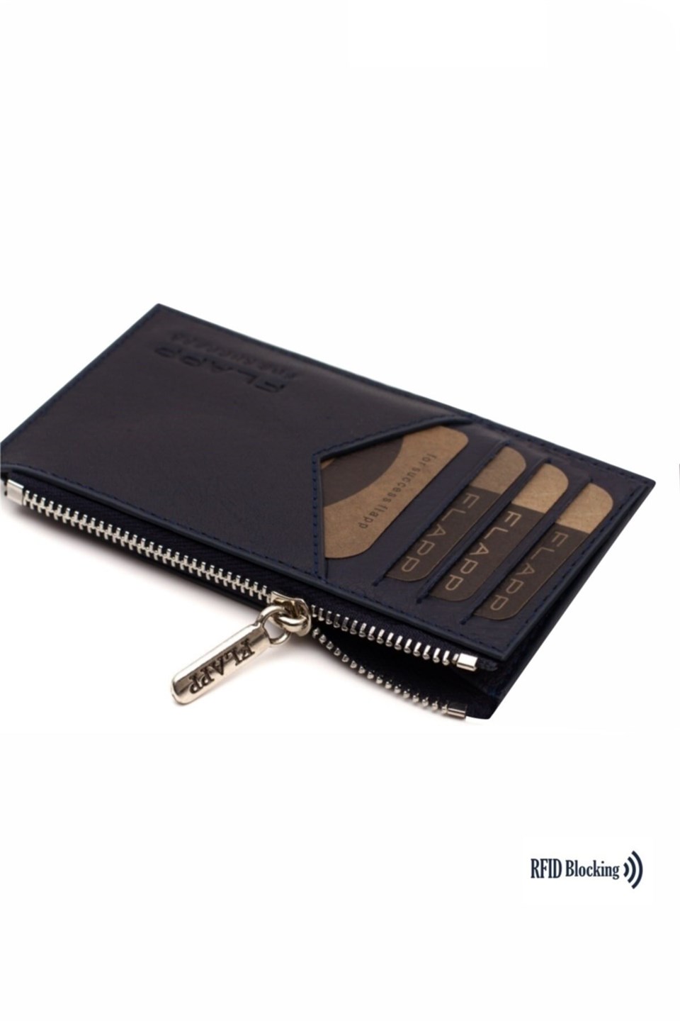 Flapp Deri Lacivert Rfıd Engelleyici Fermuarlı Bozukpara Gözlü Unisex Çanta Cüzdan