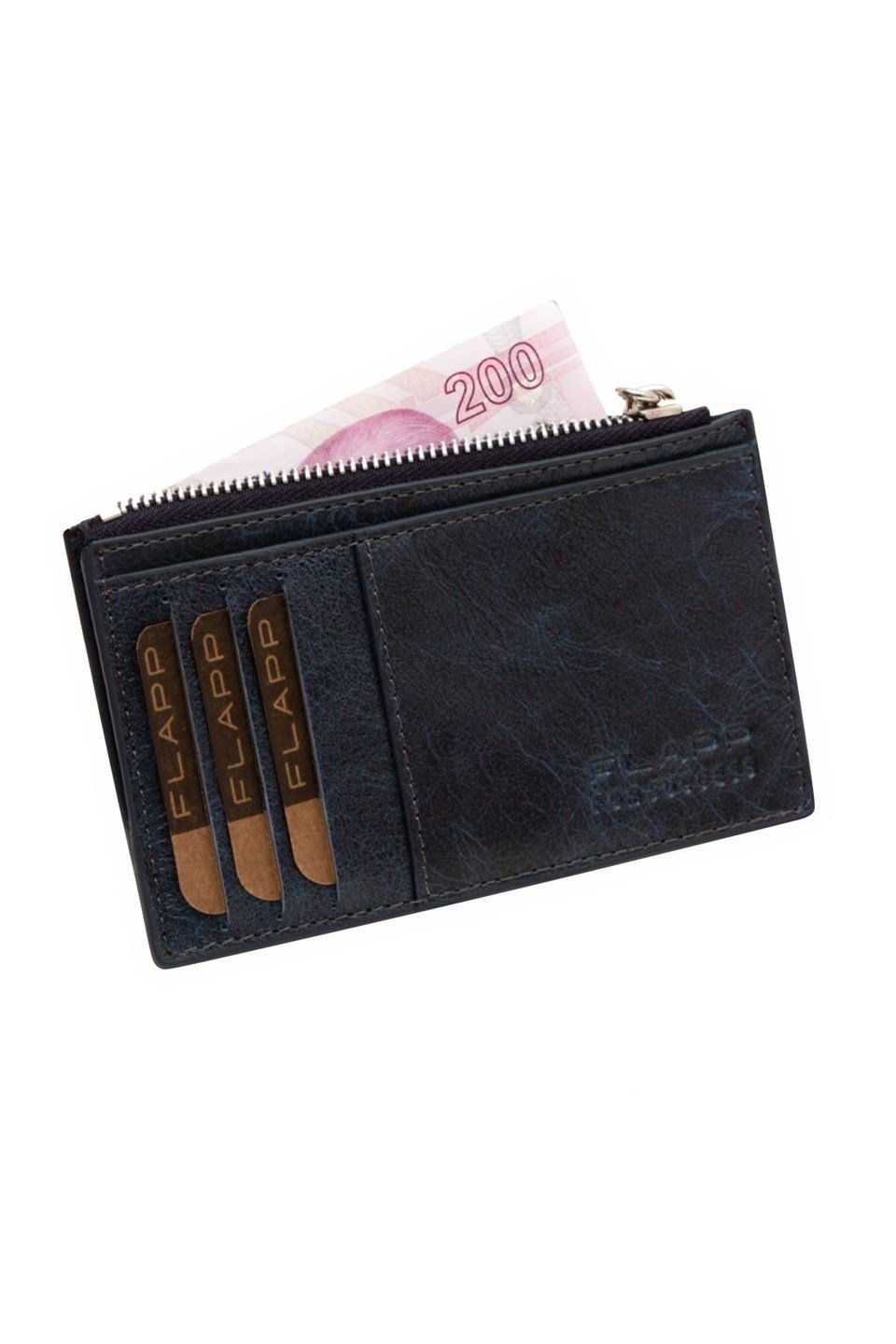 Flapp Deri Lacivert Rfıd Korumalı Engelleyici Fermuarlı Bozukpara Gözlü Kadın Çanta Cüzdan