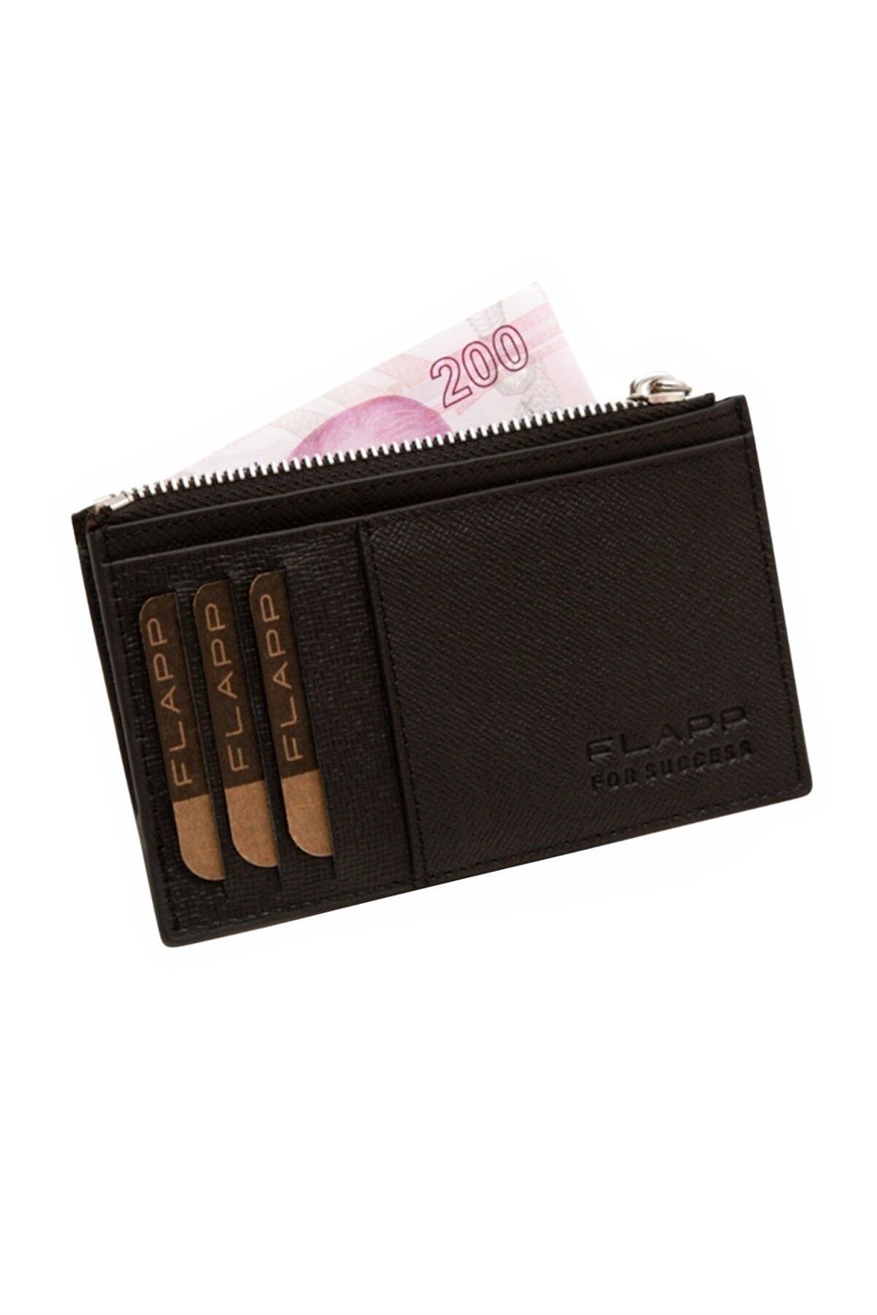 Flapp Deri Siyah Desenli Rfıd Korumalı Engelleyici Fermuarlı Bozukpara Gözlü Kadın Çanta Cüzdan