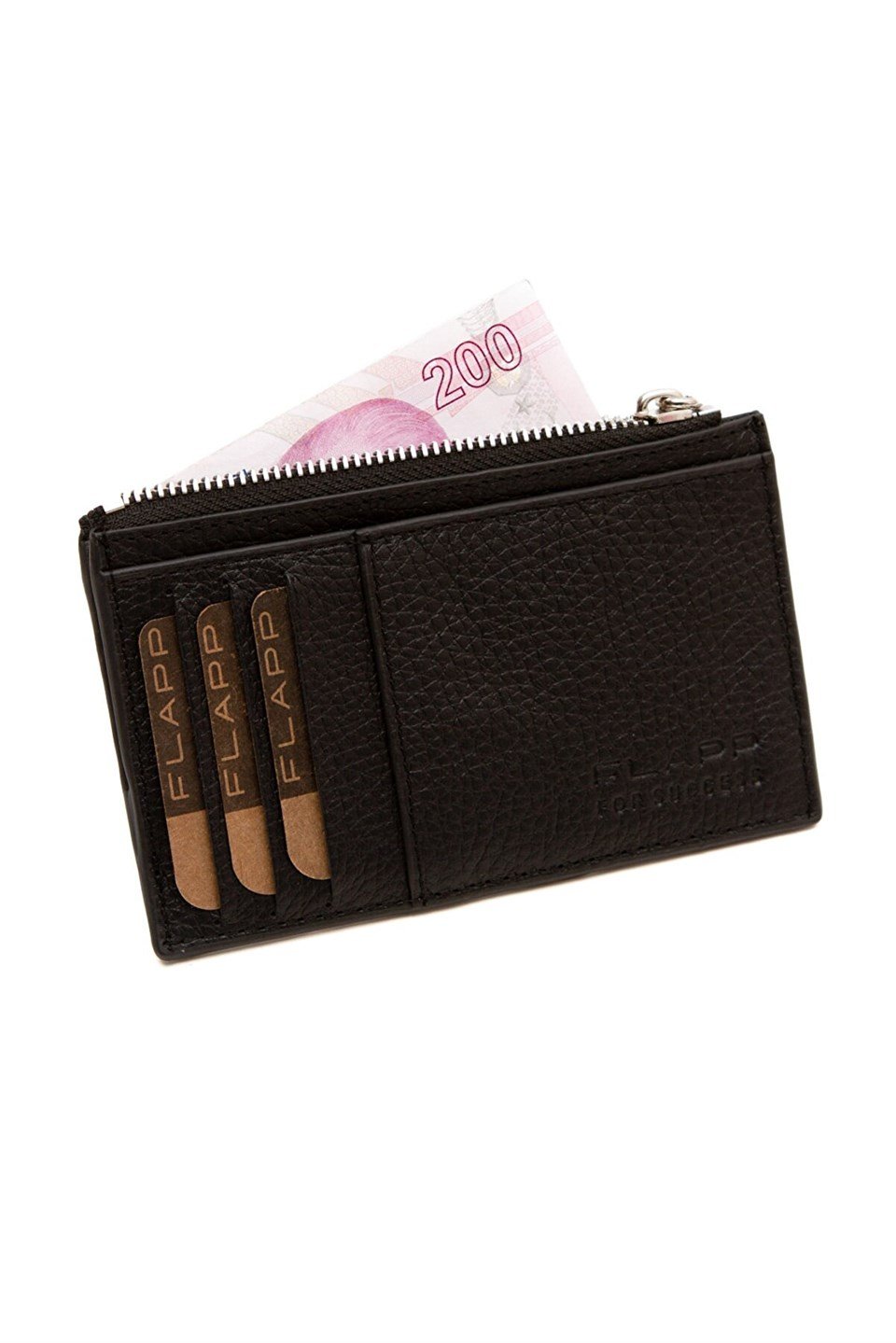 Flapp Deri Siyah Rfıd Korumalı Engelleyici Fermuarlı Kadın Çanta Cüzdan