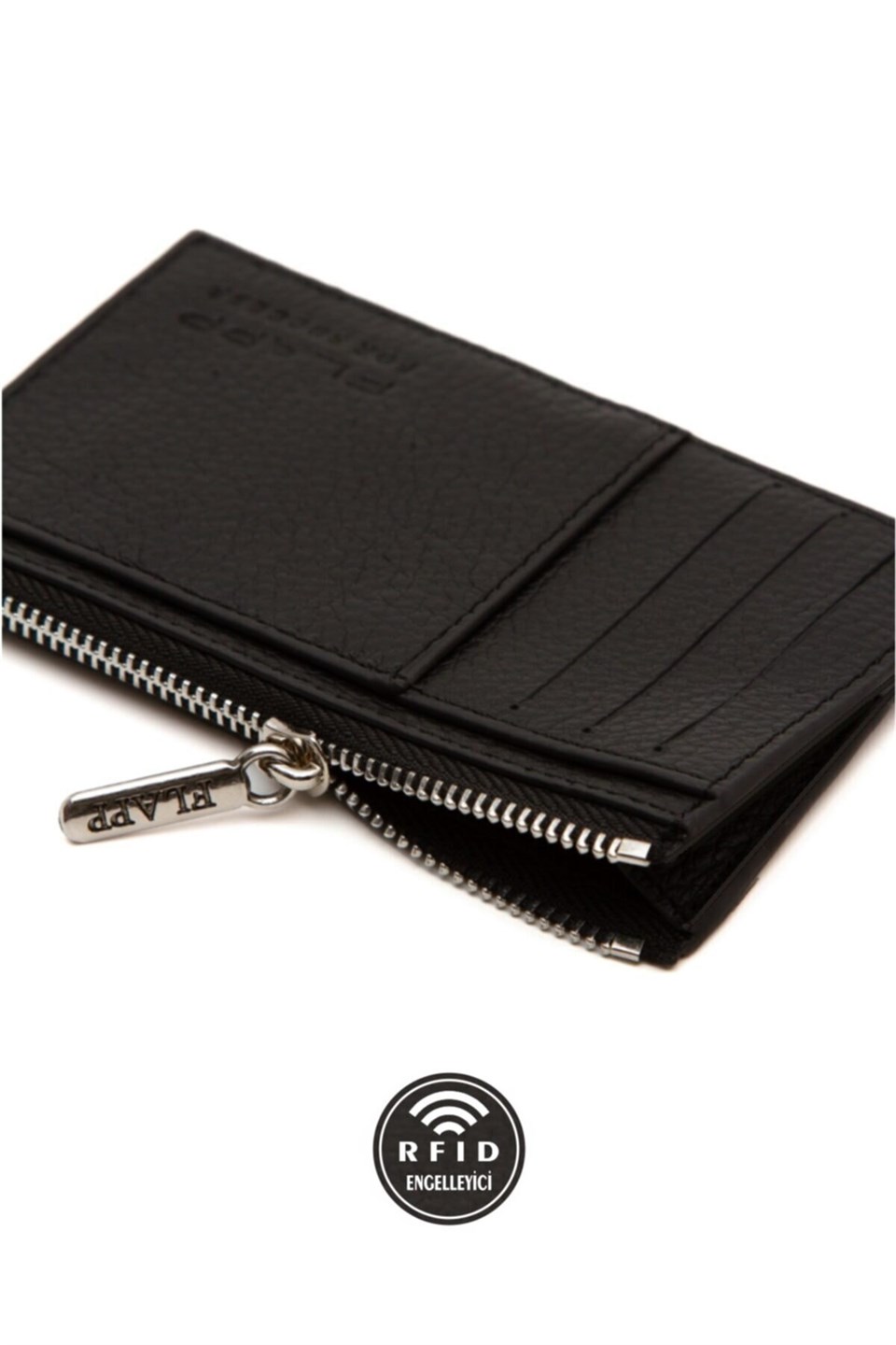 Flapp Deri Siyah Rfıd Korumalı Engelleyici Fermuarlı Kadın Çanta Cüzdan
