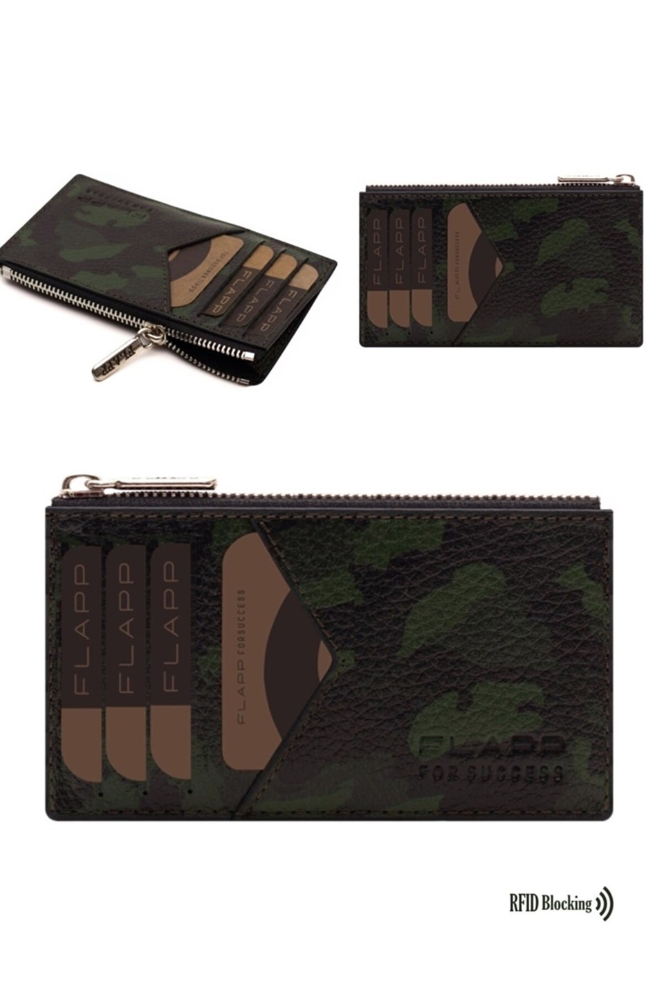 Flapp Deri Siyah Yeşil Kamuflaj Rfıd Engelleyici Fermuarlı Bozukpara Gözlü Unisex Çanta Cüzdan