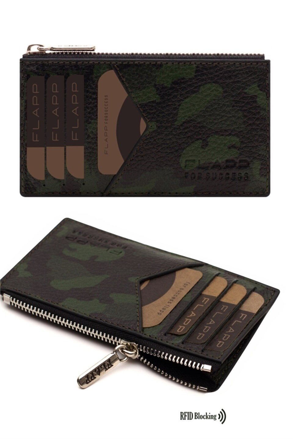Flapp Deri Siyah Yeşil Kamuflaj Rfıd Engelleyici Fermuarlı Bozukpara Gözlü Unisex Çanta Cüzdan