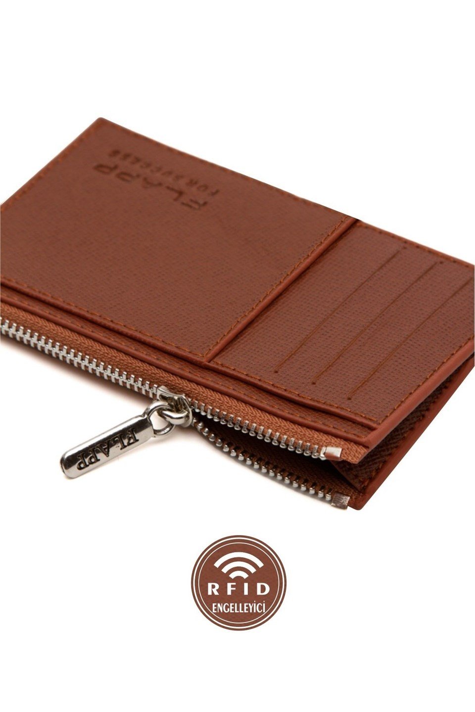 Flapp Deri Taba Desenli Rfıd Korumalı Engelleyici Fermuarlı Bozukpara Gözlü Kadın Çanta Cüzdan