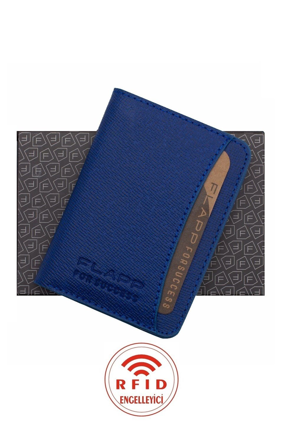 Flapp Hakiki Deri Desenli Mavi Rfıd Engelleyici Korumalı Mini Cüzdan Kartlık