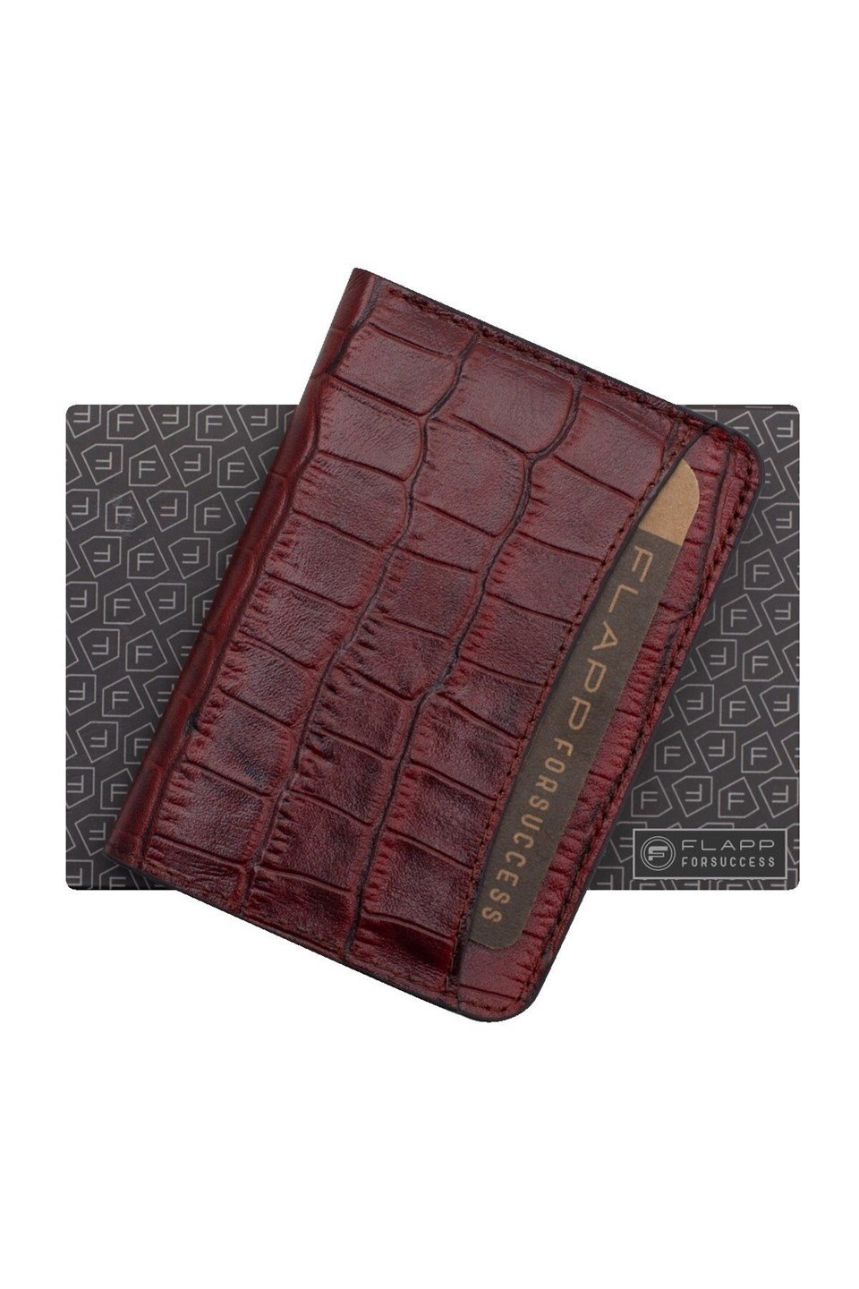 Flapp Hakiki Deri Krokodil Bordo Rfıd Engelleyici Korumalı Mini Cüzdan Kartlık