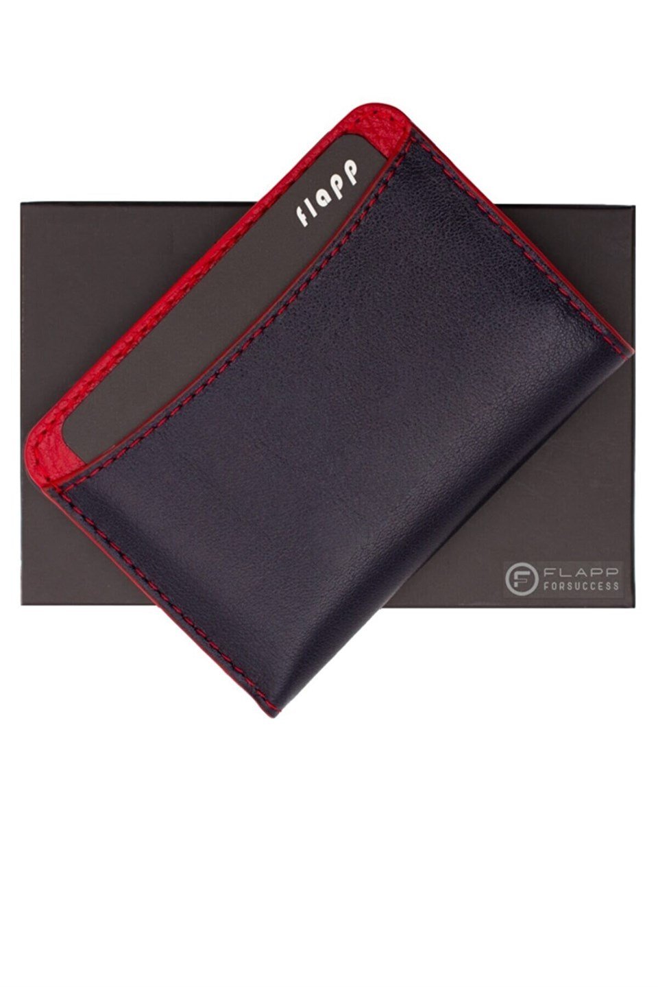 Flapp Hakiki Deri Lacivert Kırmızı Mini Cüzdan Kartlık