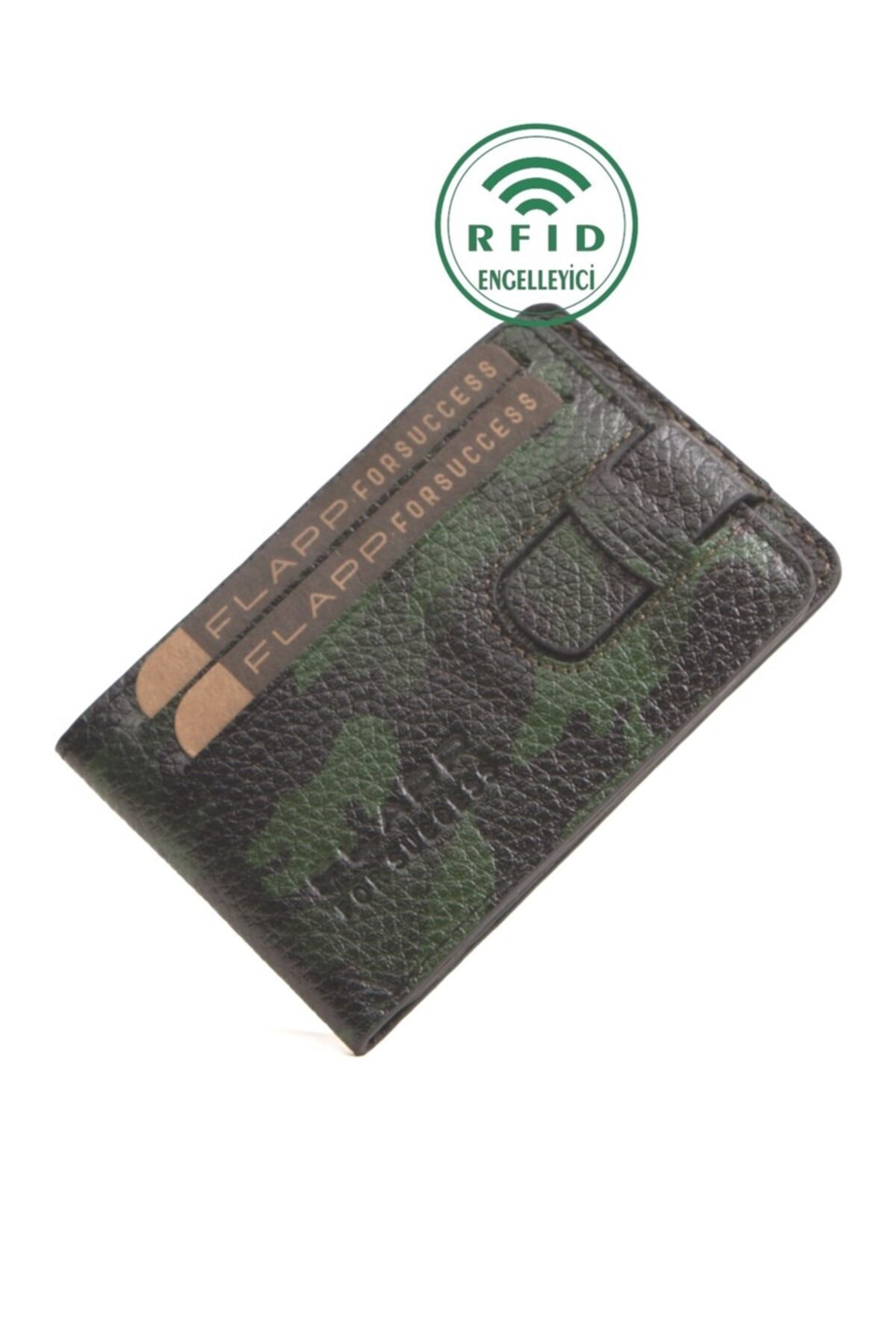 Flapp Hakiki Deri Rfıd Engelleyici Korumalı Kamuflaj Siyah Yeşil Cüzdan Kartlık