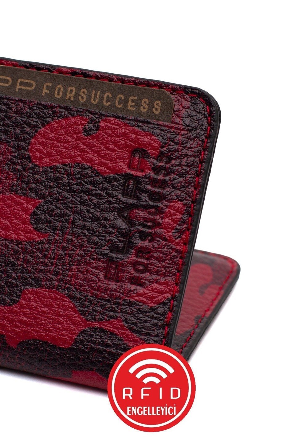 Flapp Hakiki Deri Siyah Kırmızı Kamuflaj Rfıd Engelleyici Korumalı Mini Cüzdan Kartlık