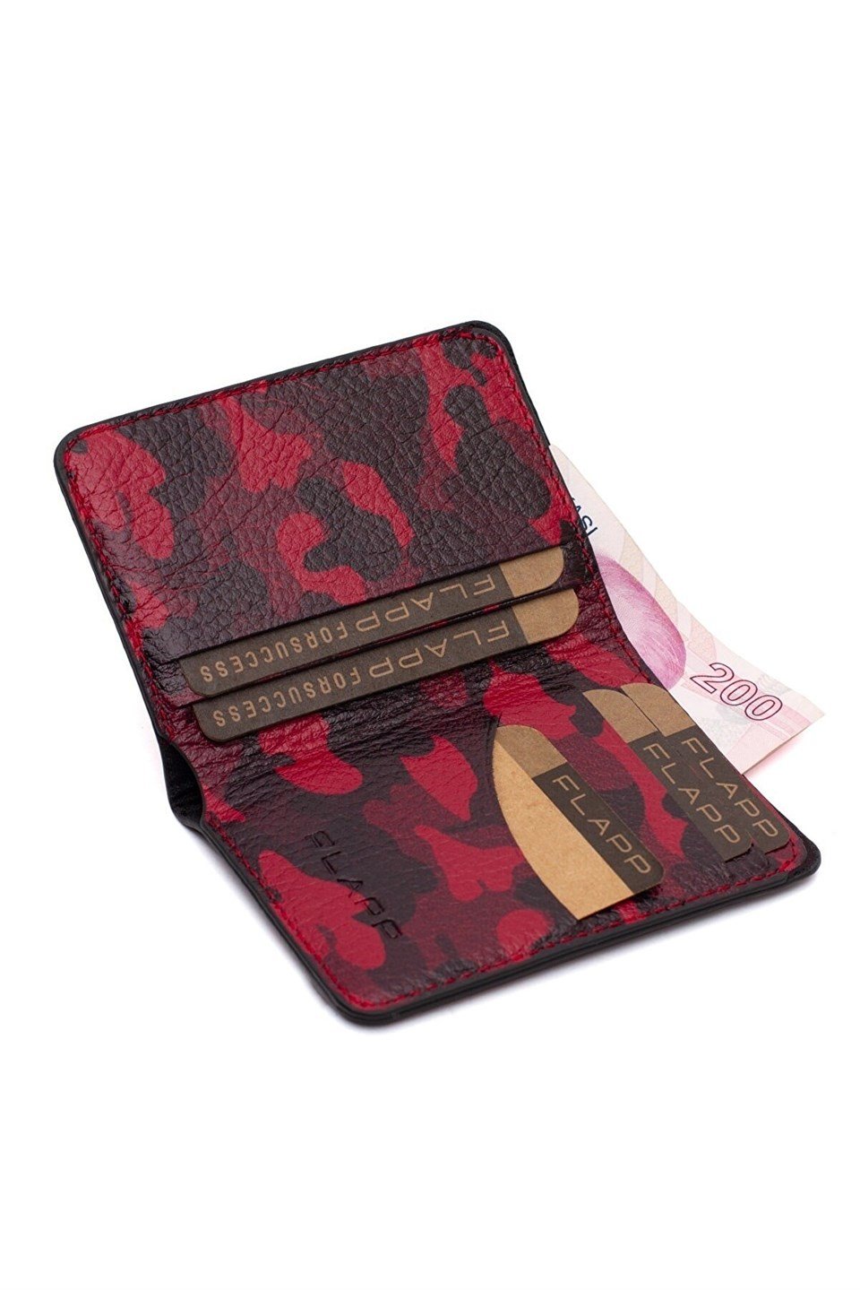 Flapp Hakiki Deri Siyah Kırmızı Kamuflaj Rfıd Engelleyici Korumalı Mini Cüzdan Kartlık