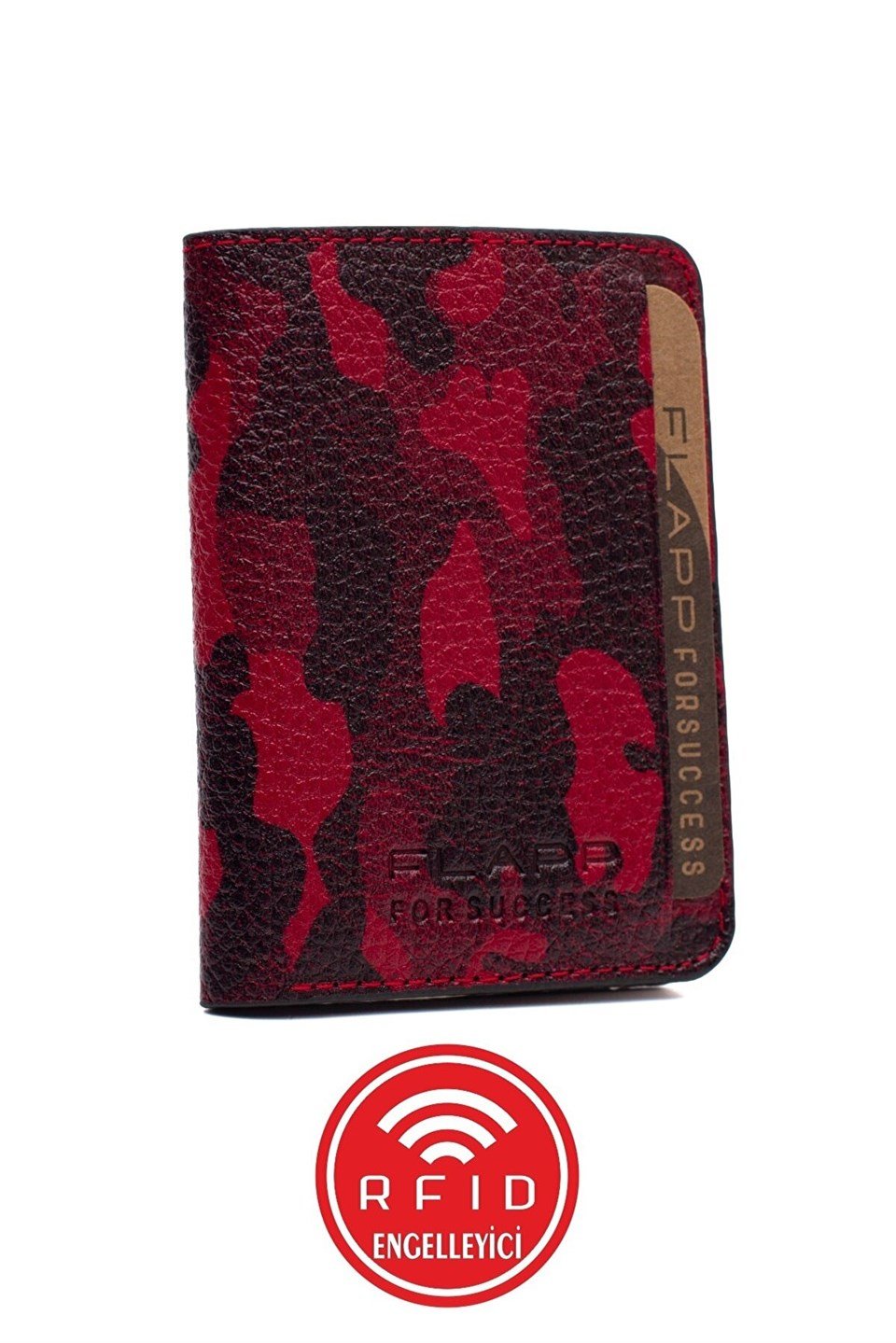 Flapp Hakiki Deri Siyah Kırmızı Kamuflaj Rfıd Engelleyici Korumalı Mini Cüzdan Kartlık