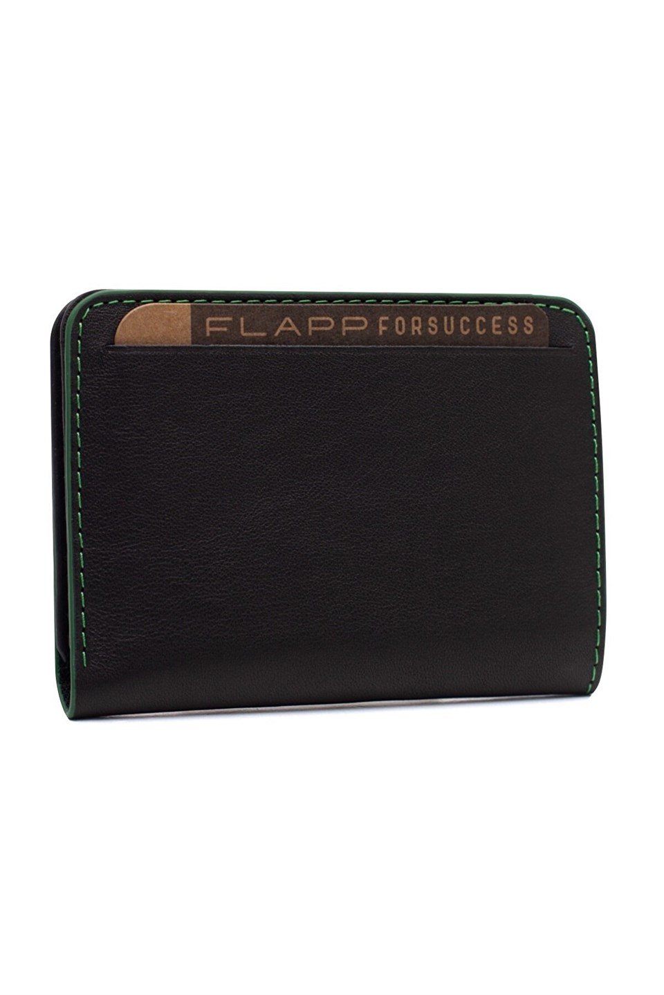 Flapp Hakiki Siyah Deri Yeşil Kenarlı Rfıd Engelleyici Korumalı Mini Cüzdan Kartlık