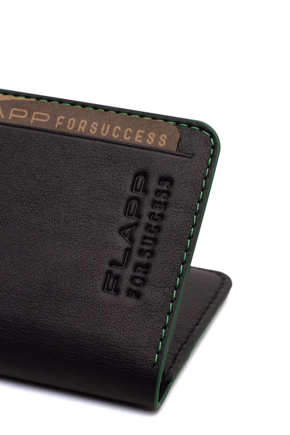 Flapp Hakiki Siyah Deri Yeşil Kenarlı Rfıd Engelleyici Korumalı Mini Cüzdan Kartlık