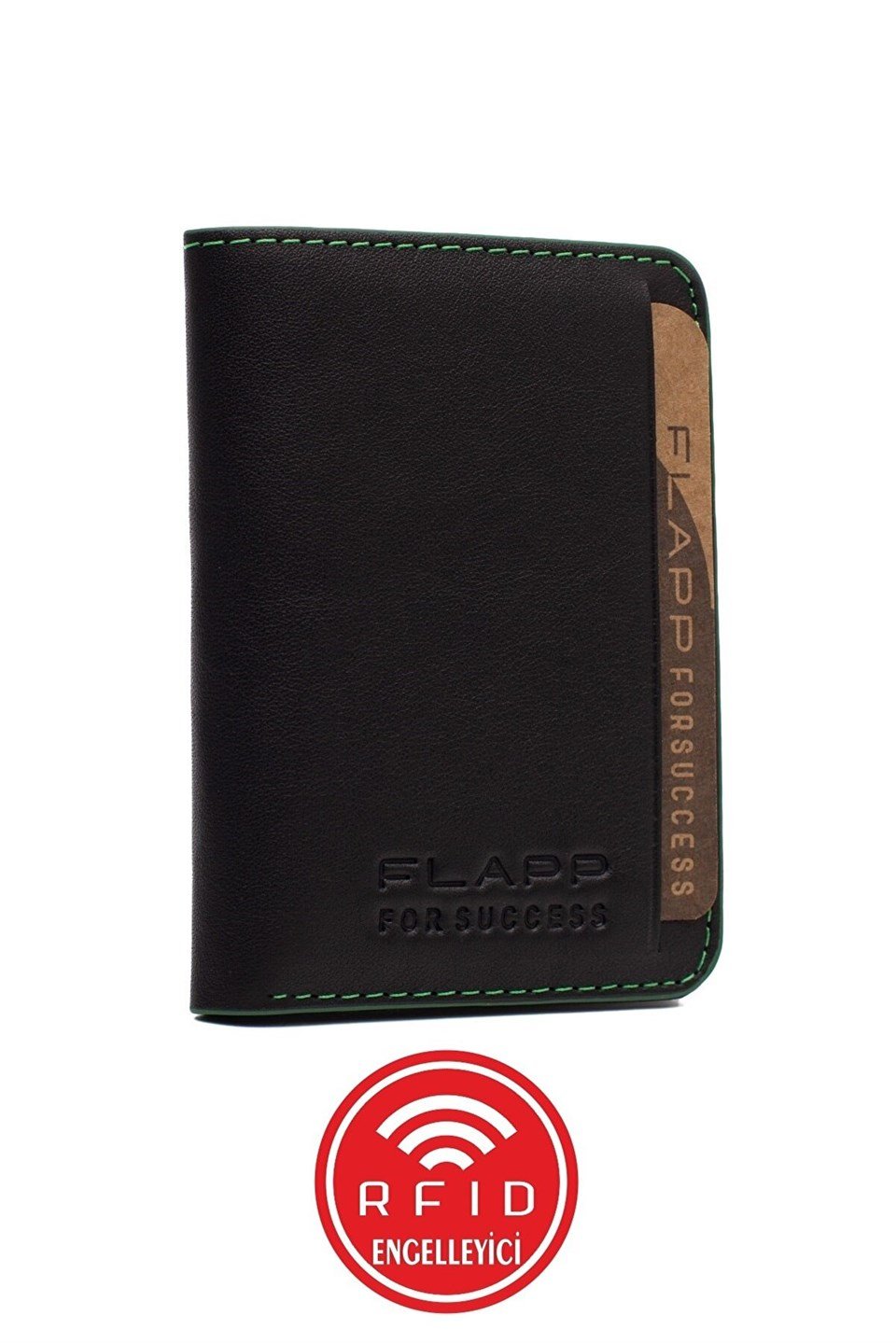 Flapp Hakiki Siyah Deri Yeşil Kenarlı Rfıd Engelleyici Korumalı Mini Cüzdan Kartlık