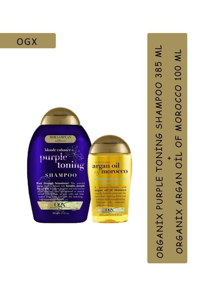 OGX Purple Toning 385 ml Şampuan + Argan Oil Saç Bakım Yağı 100 ml